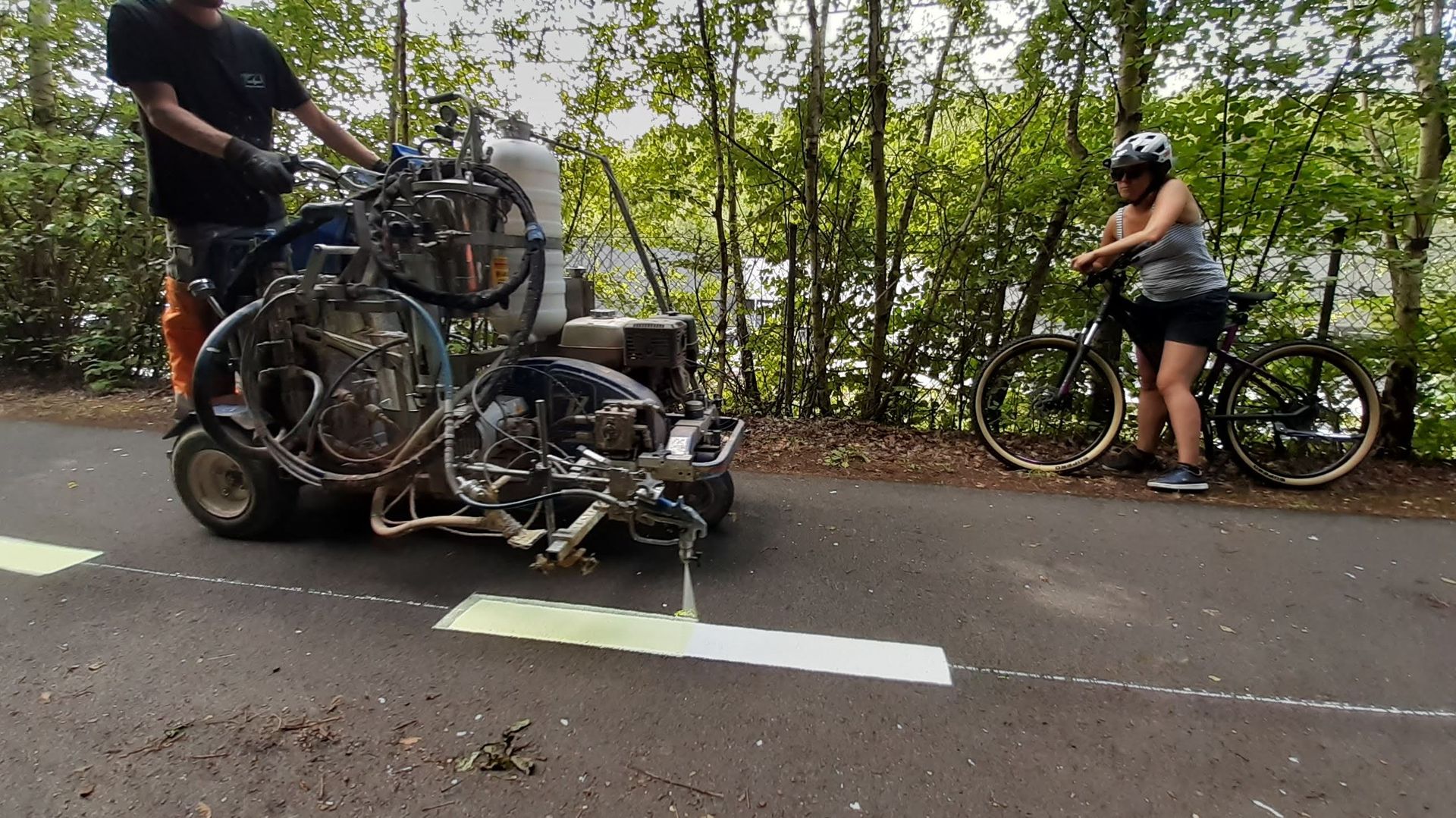Namur : des marquages à la peinture luminescente pour guider les cyclistes sur un RAVeL