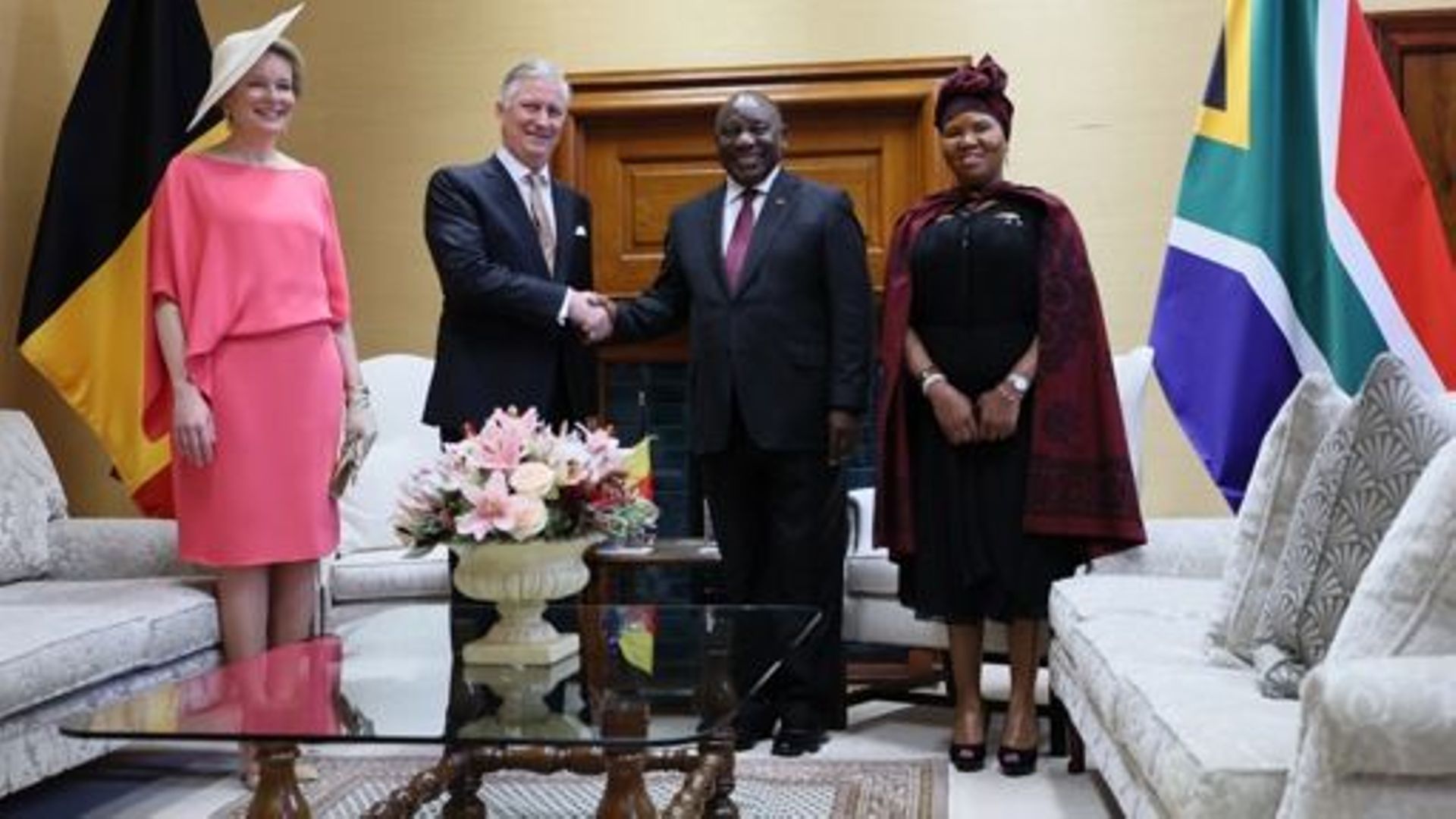 Queen Mathilde of Belgium, King Philippe - Filip of Belgium, South Africa President Cyril Ramaphosa and South Africa Minister for Social Development Lindiwe Zulu pictured at the official welcome ceremony at the Union Buildings, the official seat of the So