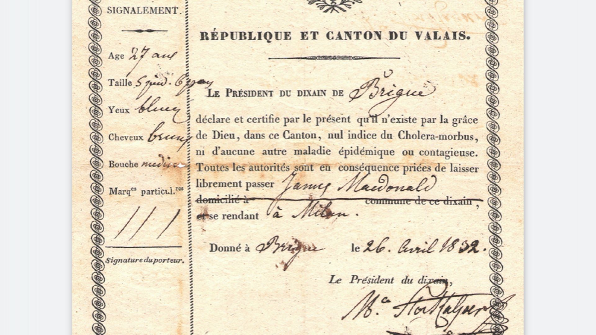 Certificat de santé suisse de 1832