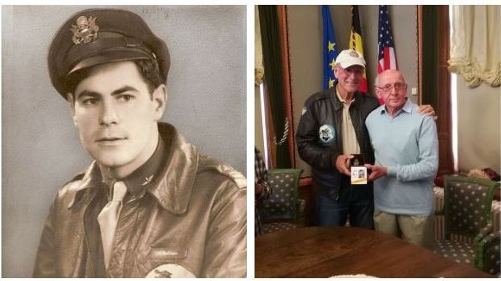 A gauche, Paul Denbo, dont l'avion a été abattu le 12 août 1944 au-dessus de Bruly; à droite Steve Snyder reçoit la montre des mains de Roger Nicolas.