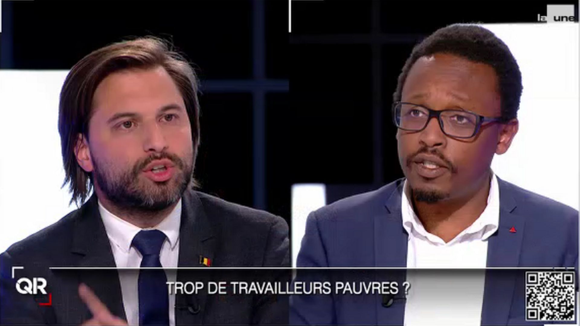 Georges-Louis Bouchez (à gauche sur la photo), président du MR, et Germain Mugemangango, chef de groupe PTB au Parlement wallon, ont notamment débattu sur la question des salaires.