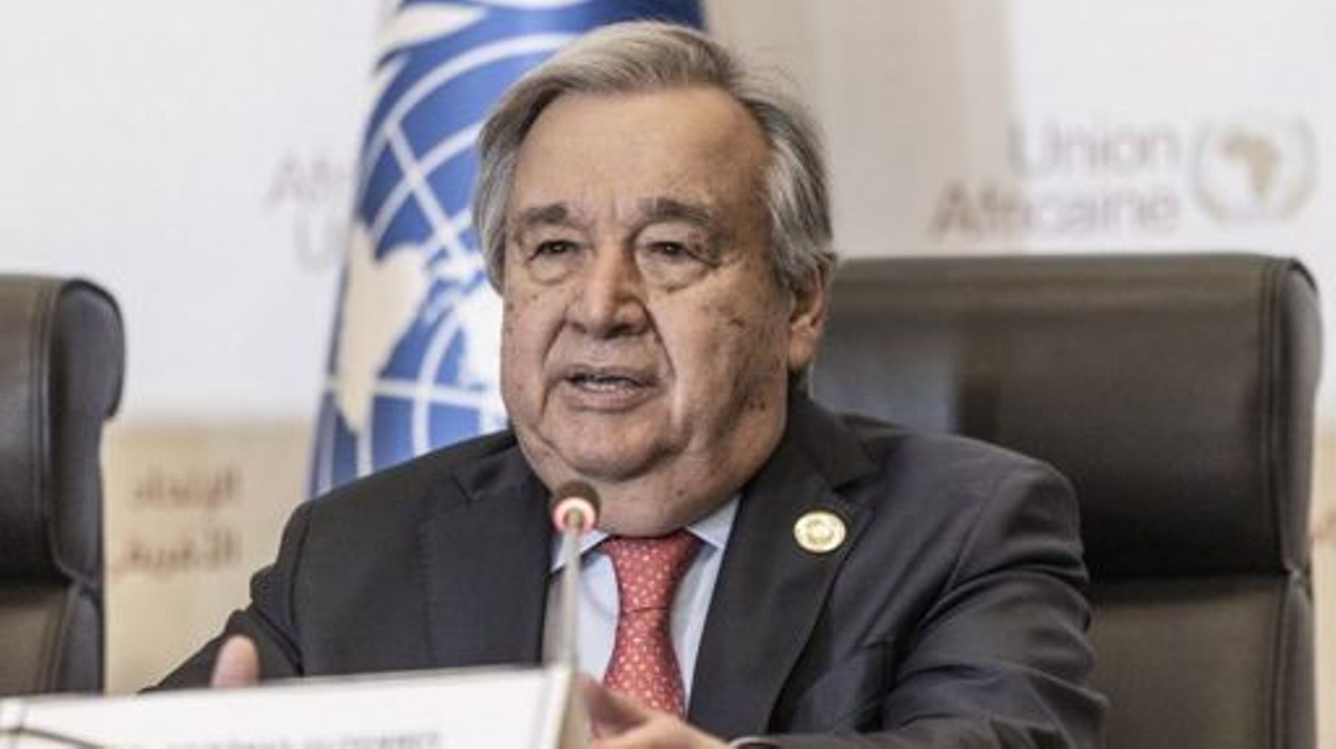 United Nation's Secretary-General Antonio Guterres speaks during a press conference after the end of the 36th Ordinary Session of the Assembly of the African Union (AU) at the Africa Union headquarters in Addis Ababa on February 18, 2023.  Amanuel Sileshi
