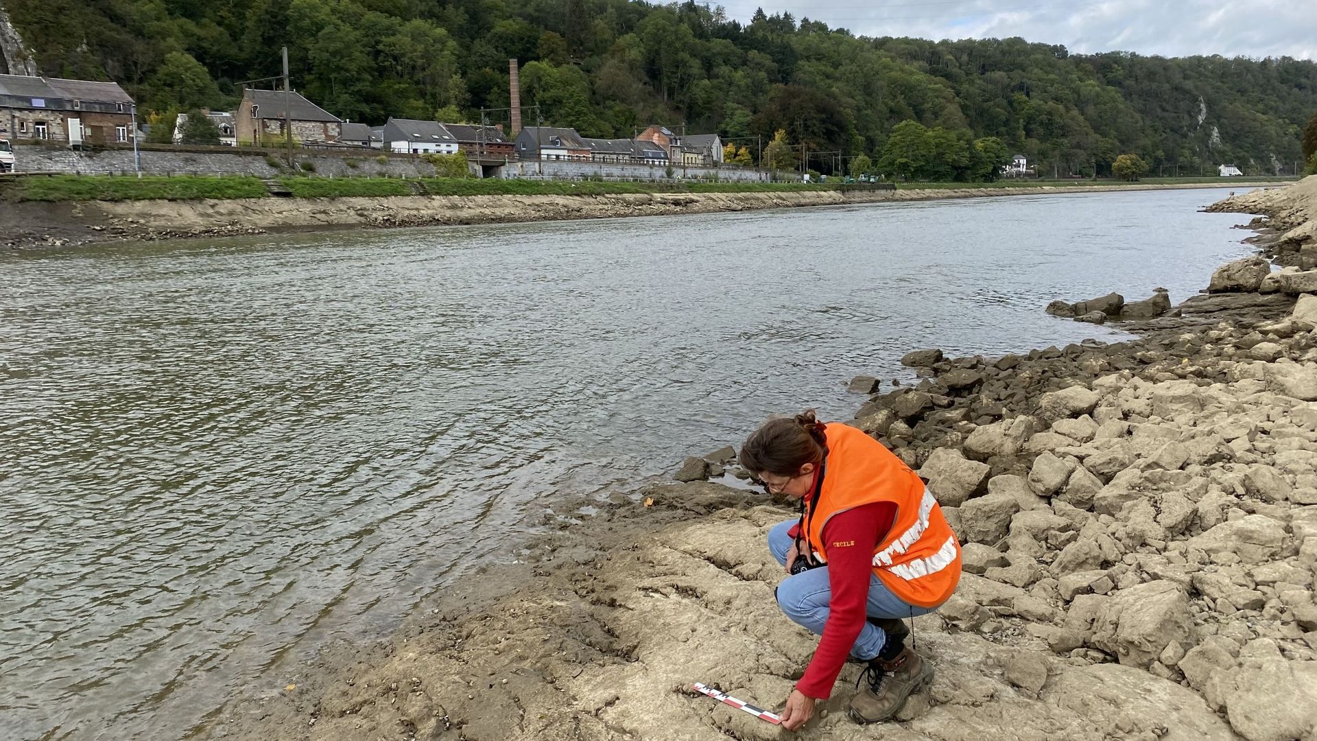 Les archéologues de l'Agence Wallonne du Patrimoine profitent du chômage de la Meuse pour faire de la prospection et photographier les sites présentant un intérêt historique.