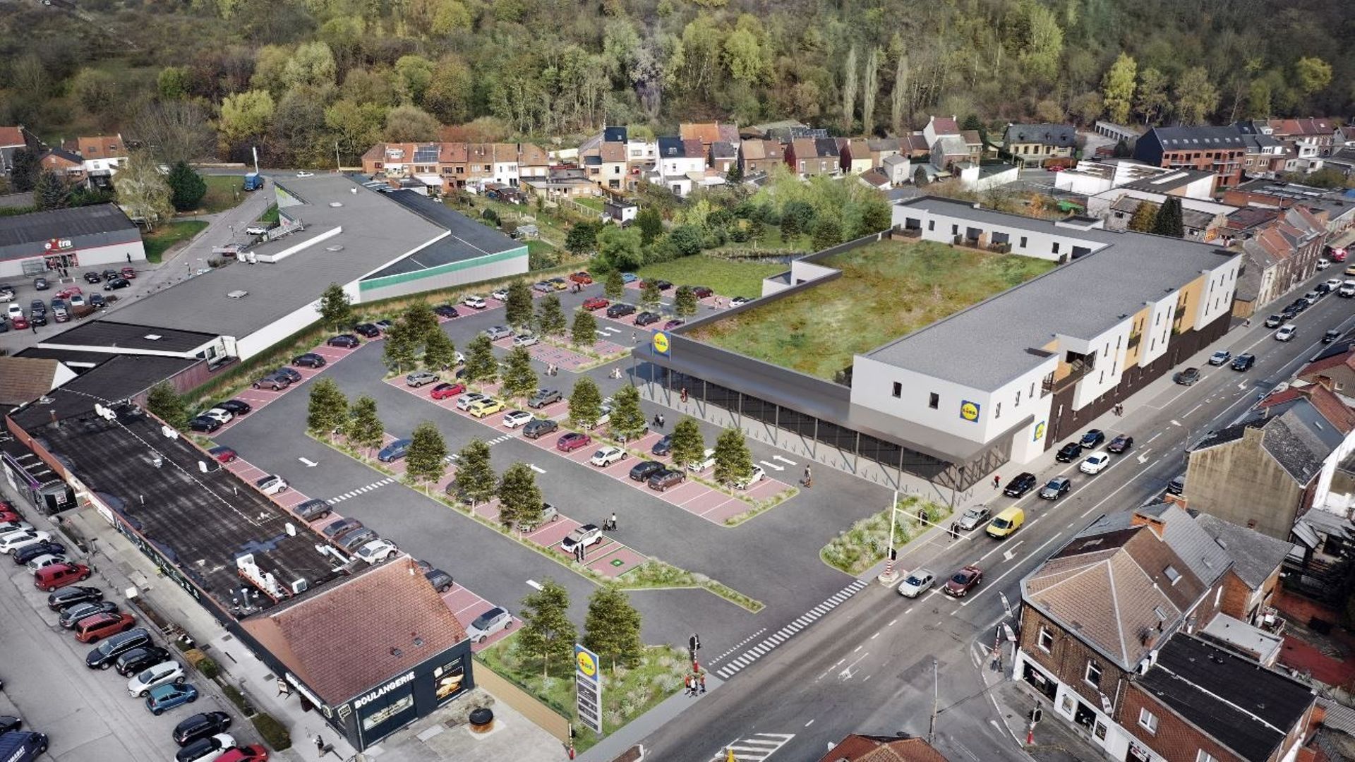 La future implantation du supermarché avec des logements à l'étage