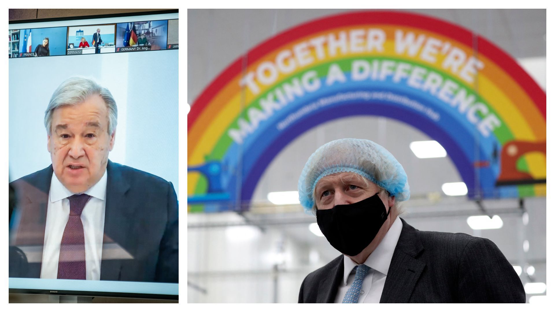 Antonio Guterres (ONU) en avril 2020 et Boris Johnson, le 13 février 2021 