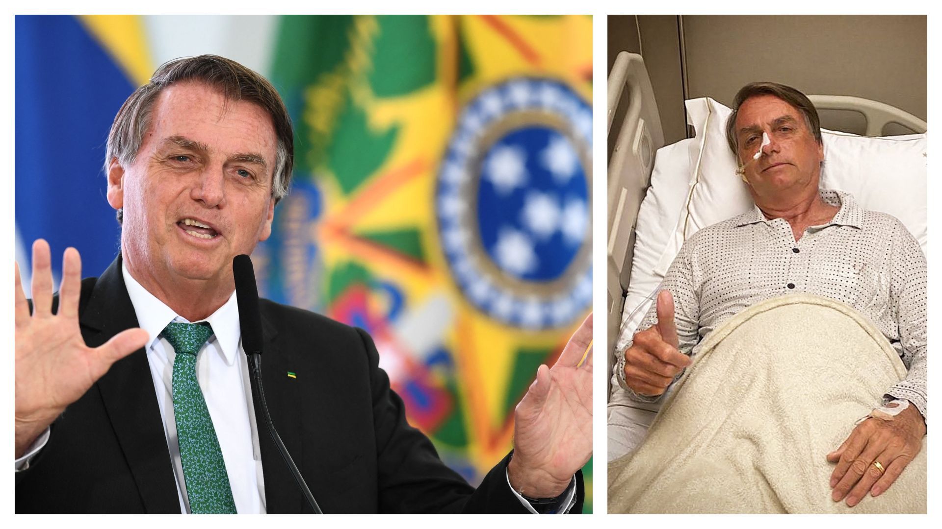 Jair Bolsonaro, le 9 décembre (à gauche) et hospitalisé, le 3 janvier 2022