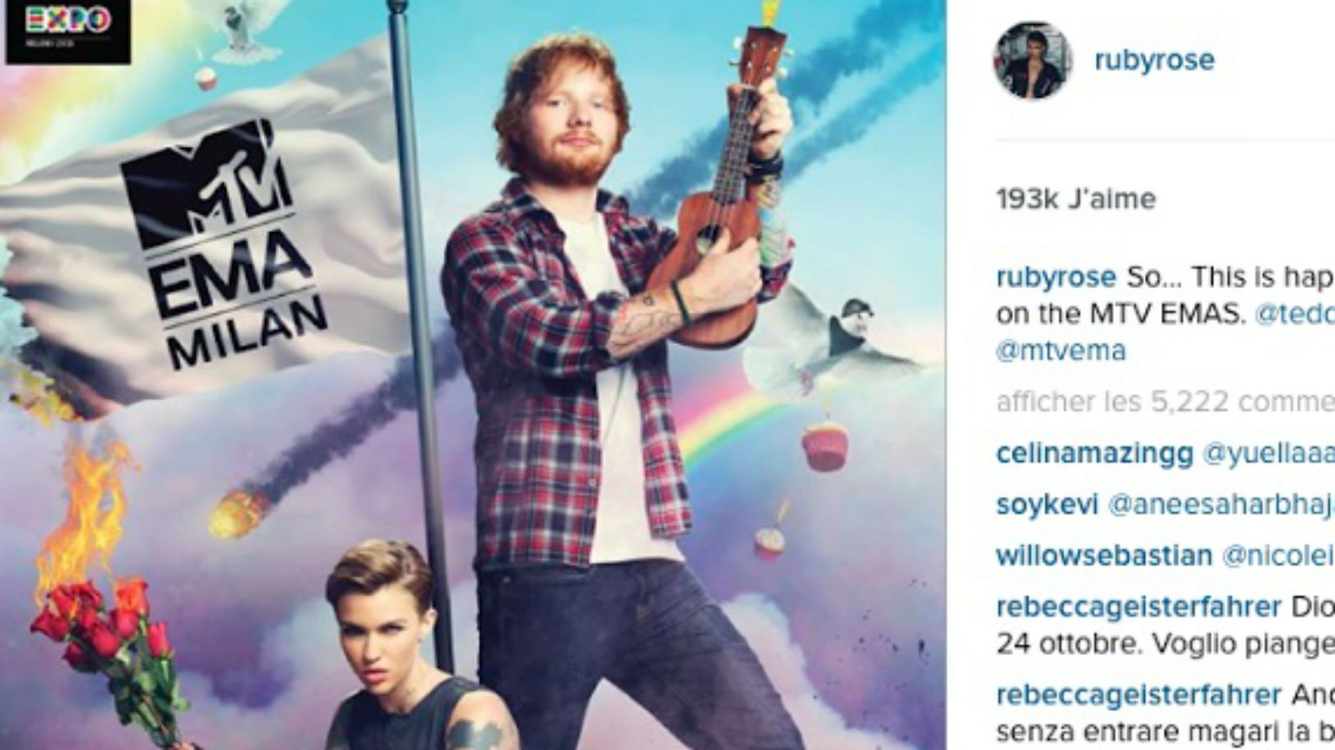 Ed Sheeran et Ruby Rose présenteront les MTV EMA à Milan
