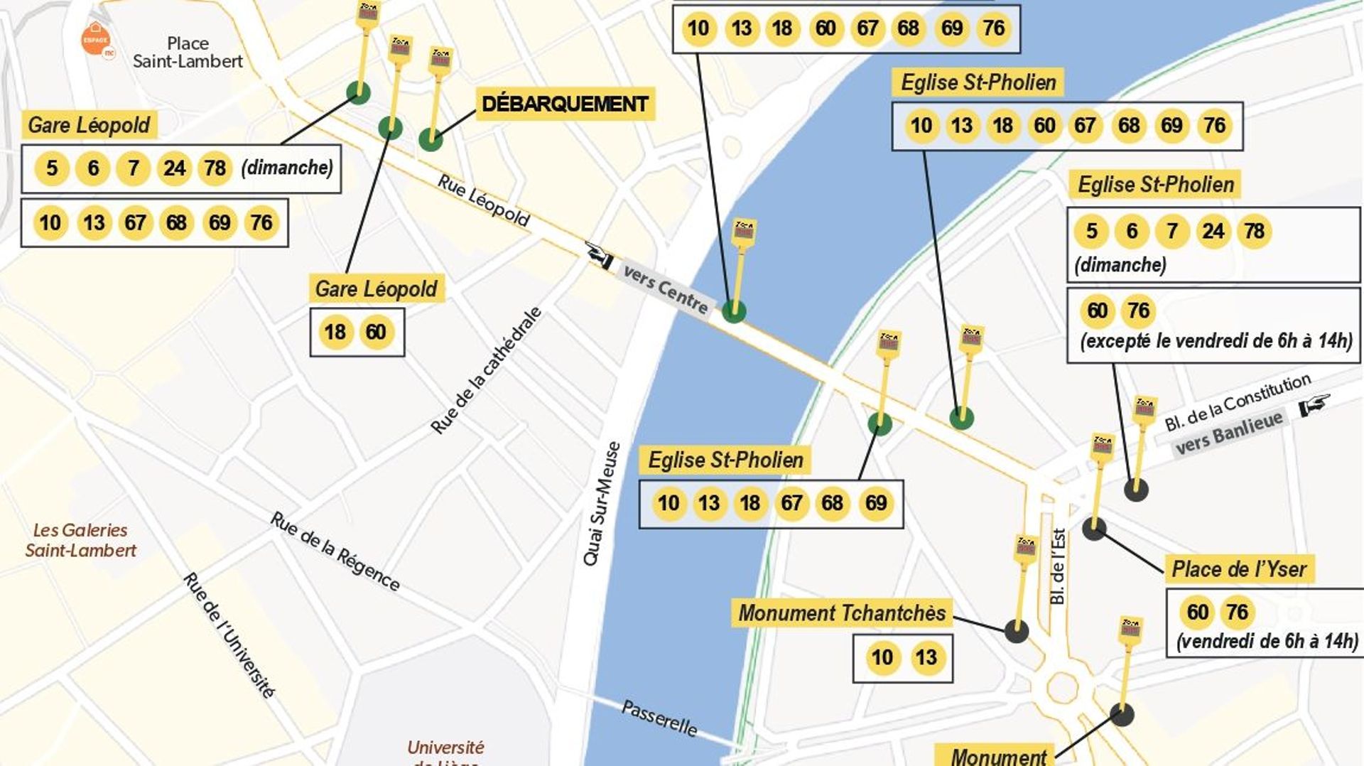 Plan des arrêts de bus concernés par les aménagements de la gare Léopold.
