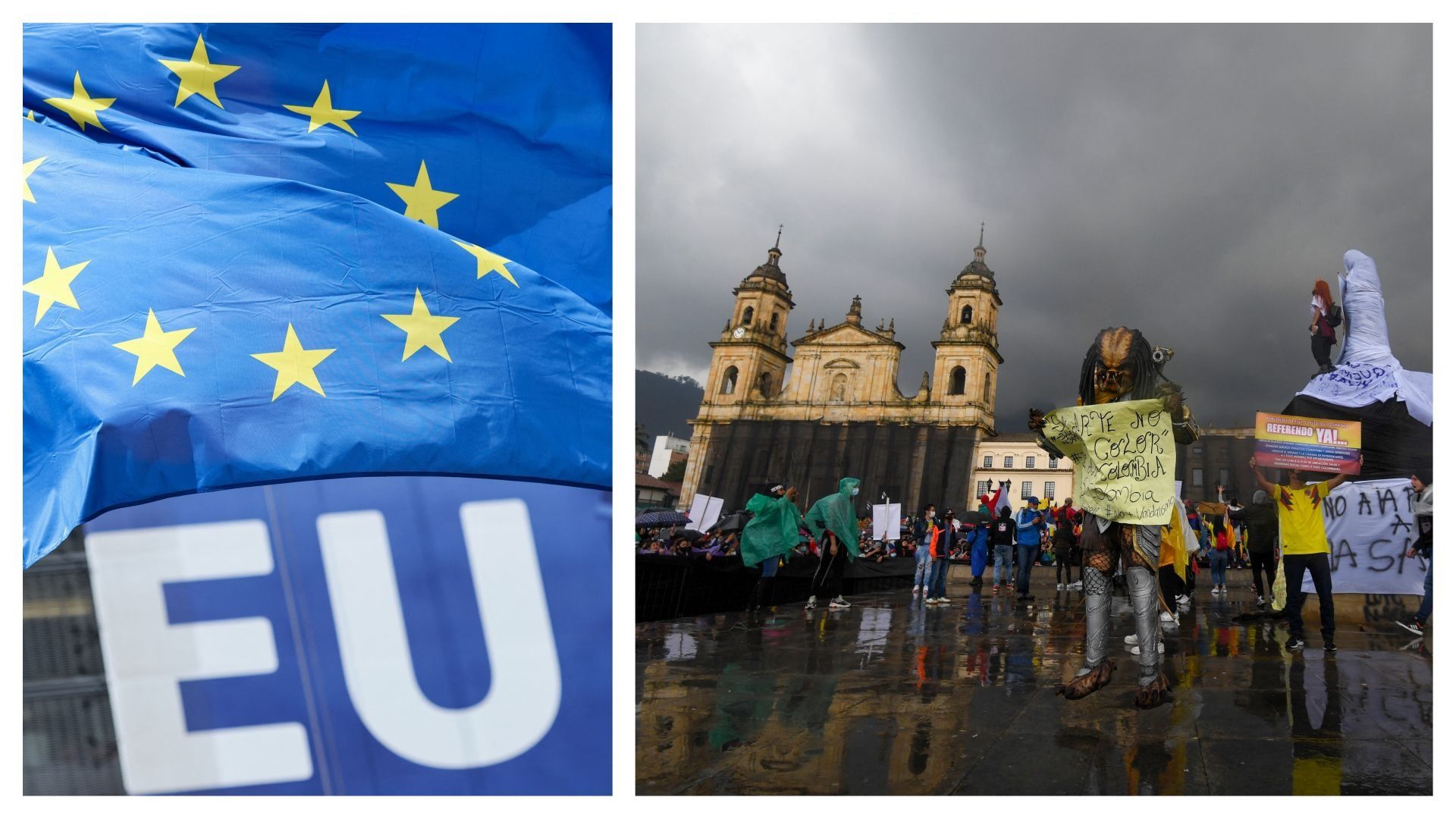 Drapeau européen et manifestation à Bogota, en Colombie, le 06 mai 2021