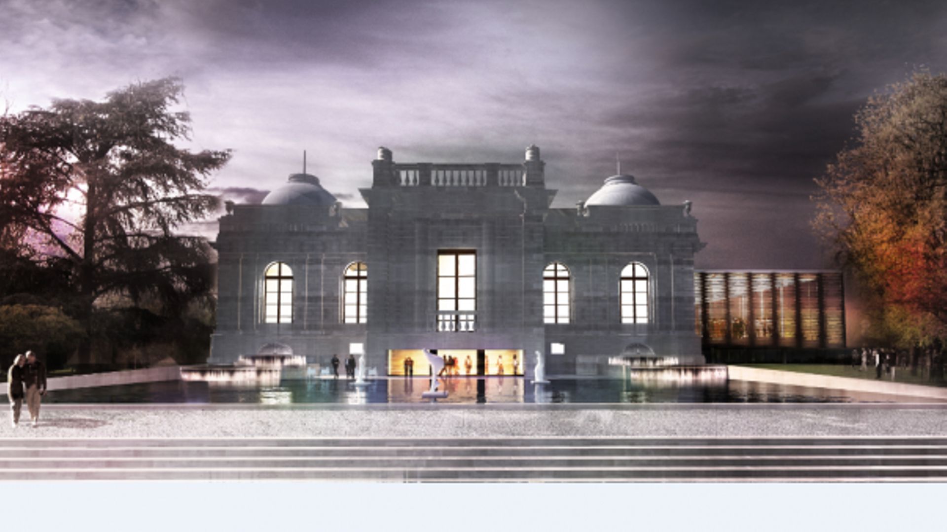  « previous Le futur CIAC de Liège. A l'avant plan, le bassin des sculptures, et sur la droite, la nouvelle extension vitrée.