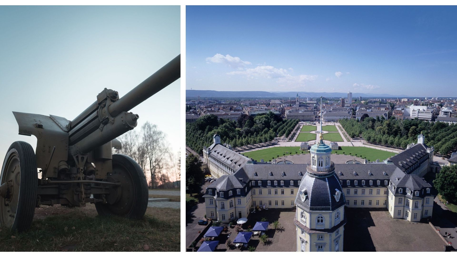 Canon (soviétique) de la seconde guerre mondiale et vue du château de Karlsruhe (illustrations)