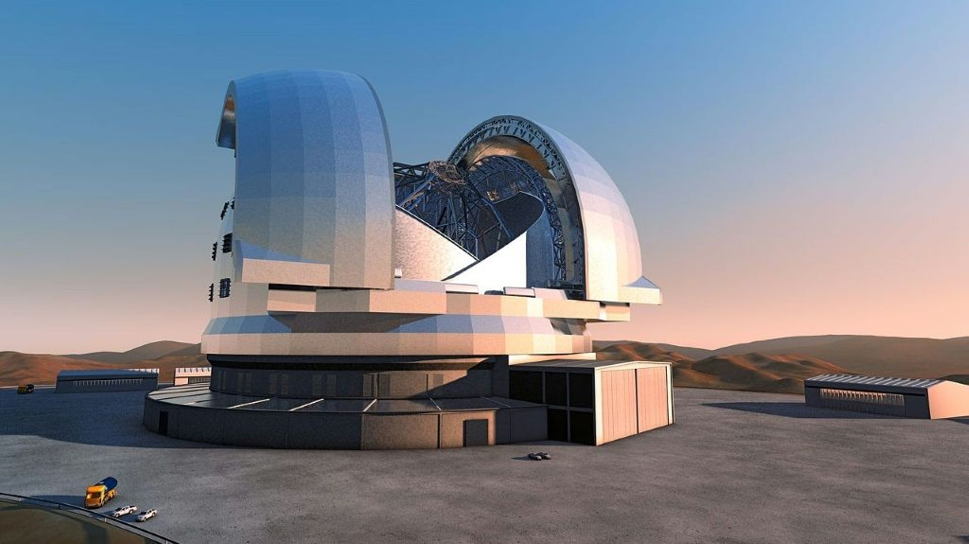 Image de synthèse représentant le Télescope extrêmement grand (ELT), conçu par l'Observatoire européen austral (ESO) et dont la présidente chilienne Michelle Bachelet a lancé la construction dans le désert d'Atacama
