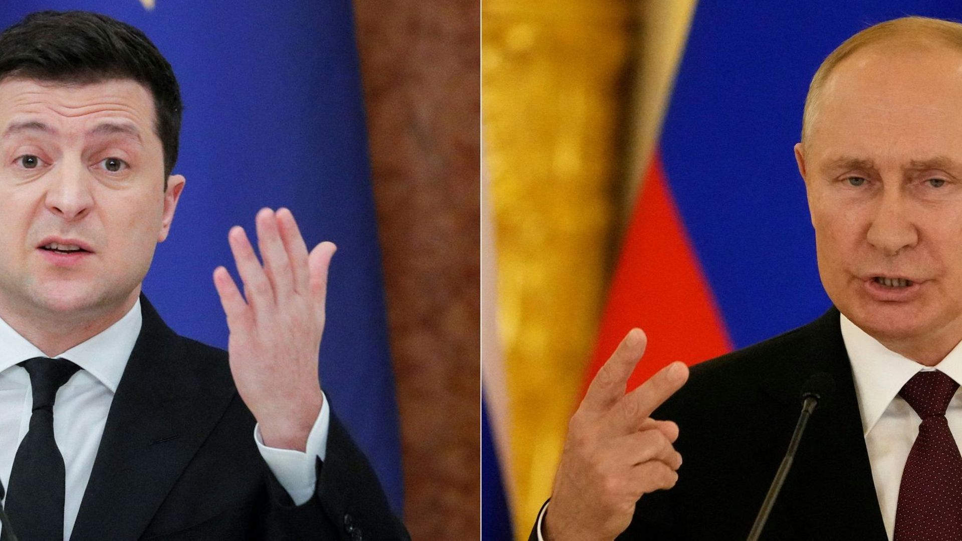 À gauche, le président ukrainien Volodymyr Zelensky. À droite, le président russe Vladimir Poutine.
