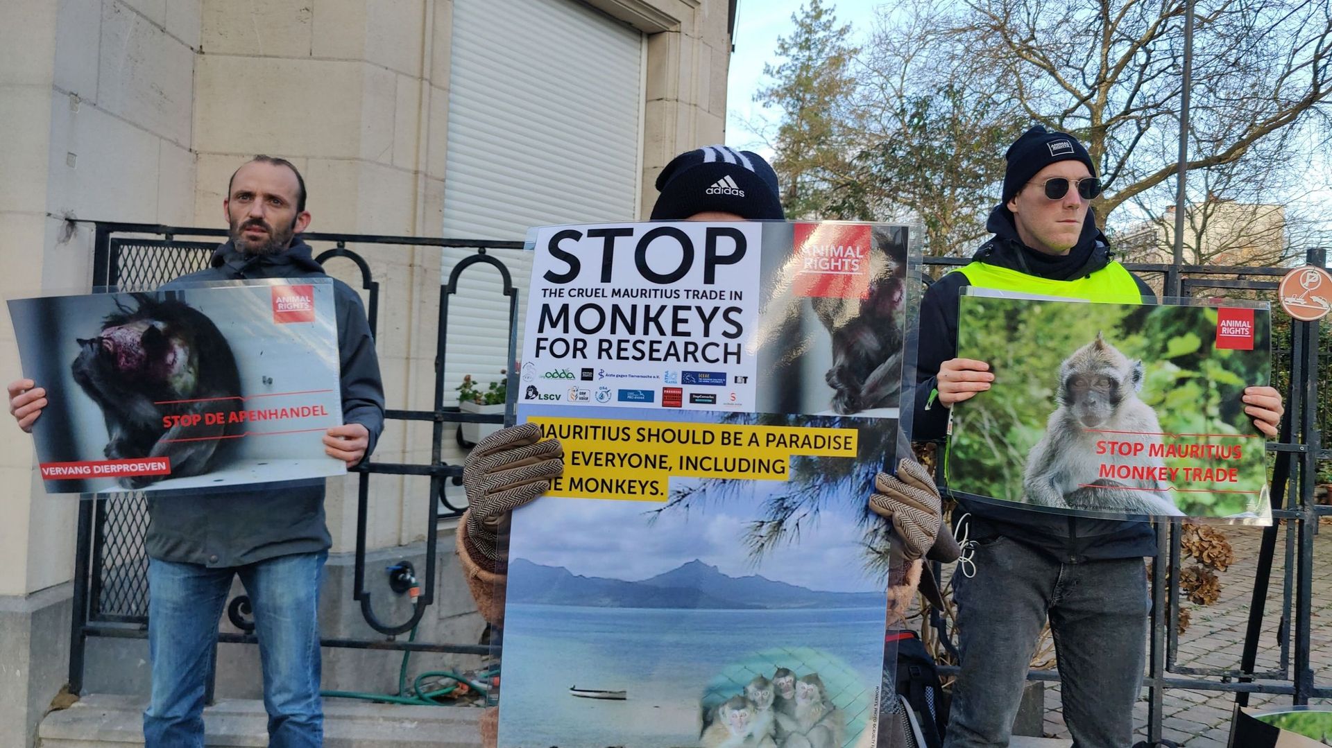 Une marche de protestation des droits des animaux contre le commerce des singes pour l'expérimentation animale, devant l'ambassade de Maurice, à Bruxelles, samedi 11 décembre 2021.