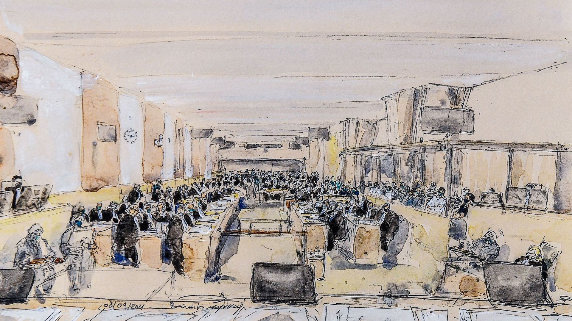Vue générale lors de la première journée du procès des attentats de Paris et Saint-Denis du 13 novembre 2015, dans une salle d'audience temporaire installée au palais de justice historique de Paris, le 8 septembre 2021.