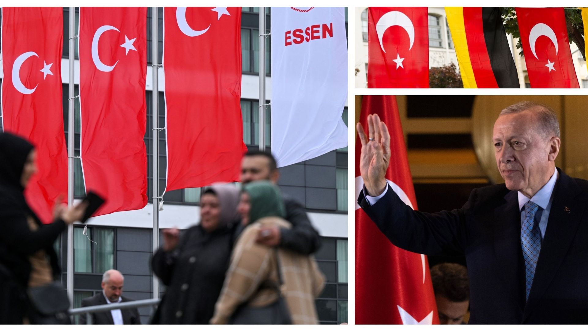 Communauté turque à Essen, en Allemagne, le 28 mai et R.T. Erdogan après sa victoire (illustration)