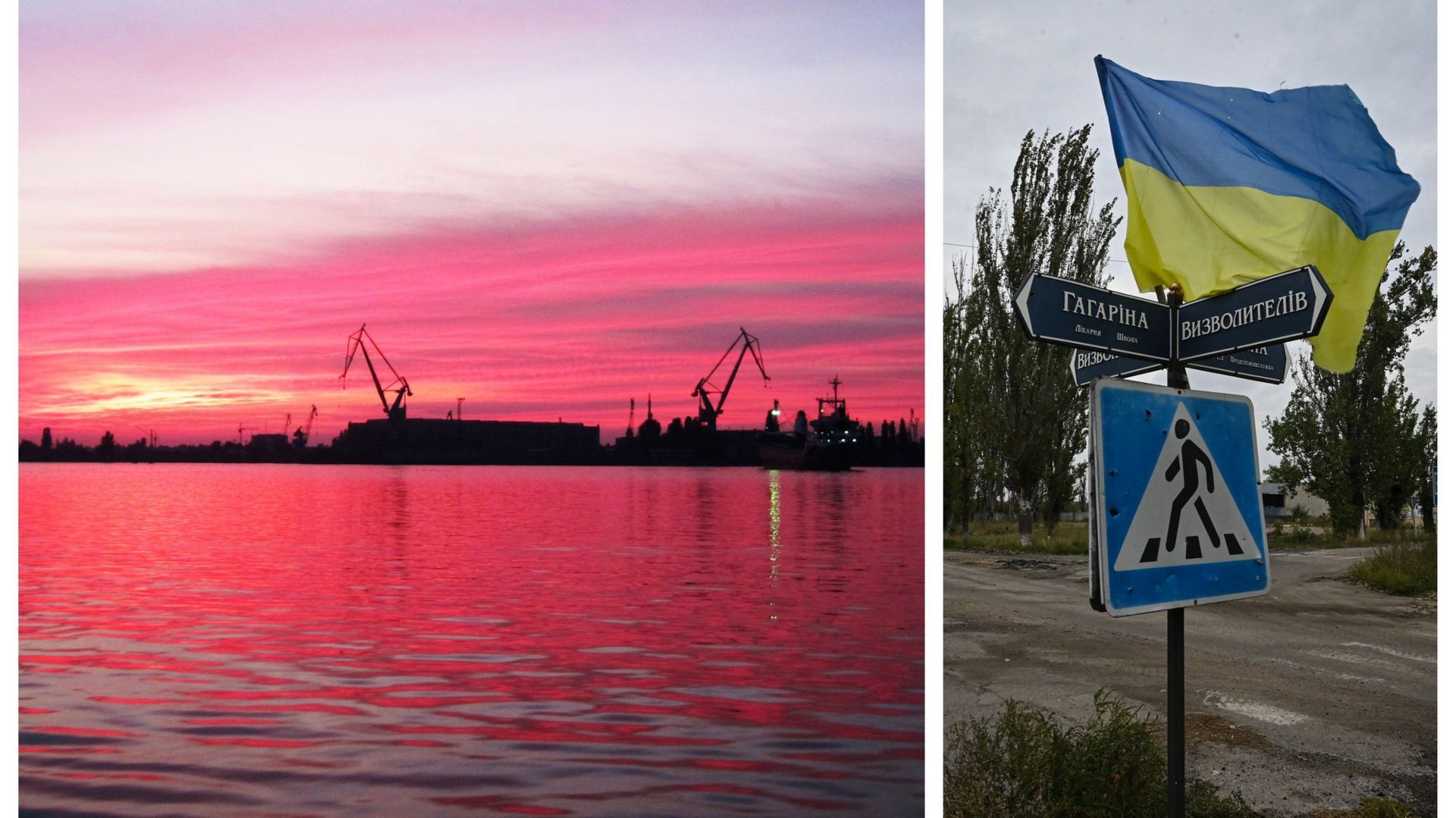 Port du Dniepr à Kherson et photo du 27 septembre 2022 montrant le drapeau ukrainien brandi dans une rue du village récemment libéré de Vysokopillya, dans la région de Kherson.