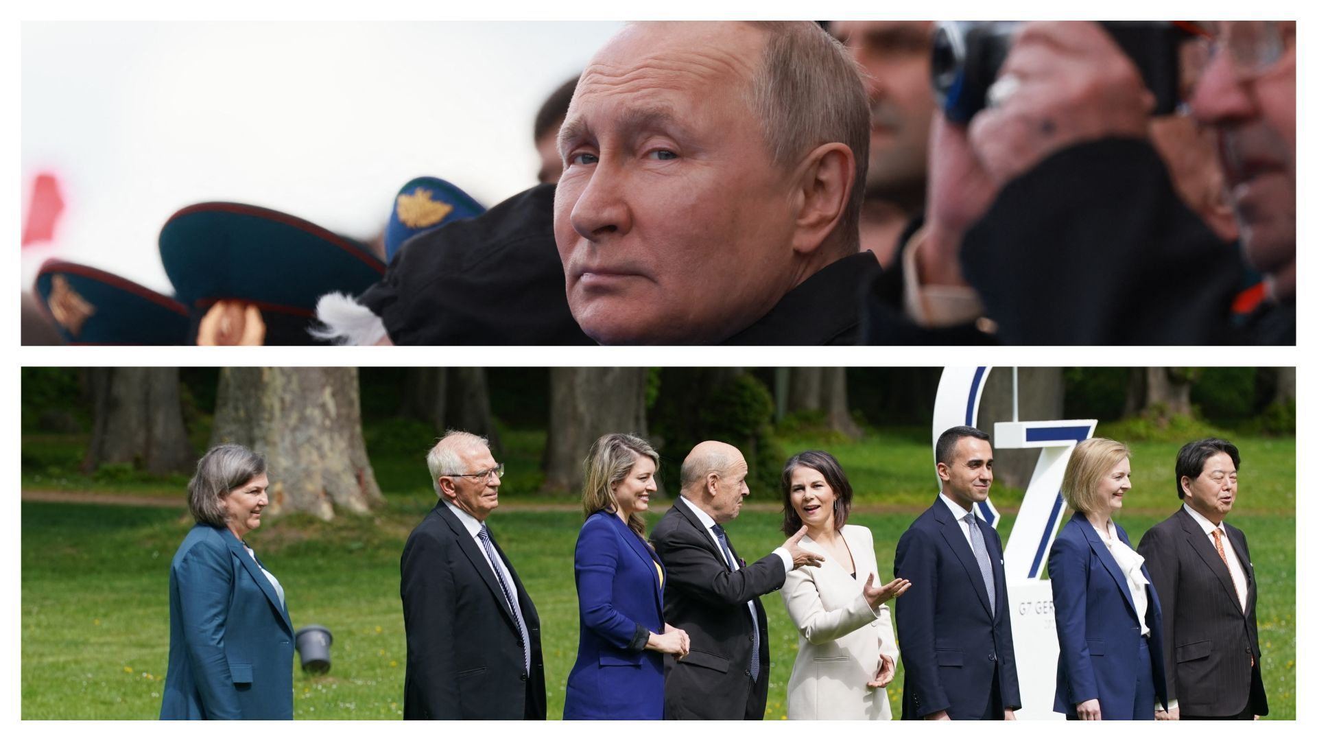 Les ministres des Affaires étrangères du G7, réunis près de Berlin, ce vendredi (illustration) et Vladimir Poutine à Moscou, le 9 mai