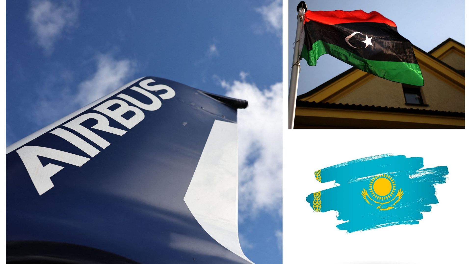 Logo d'Airbus, drapeaux libyen et kazakh (illustrations)