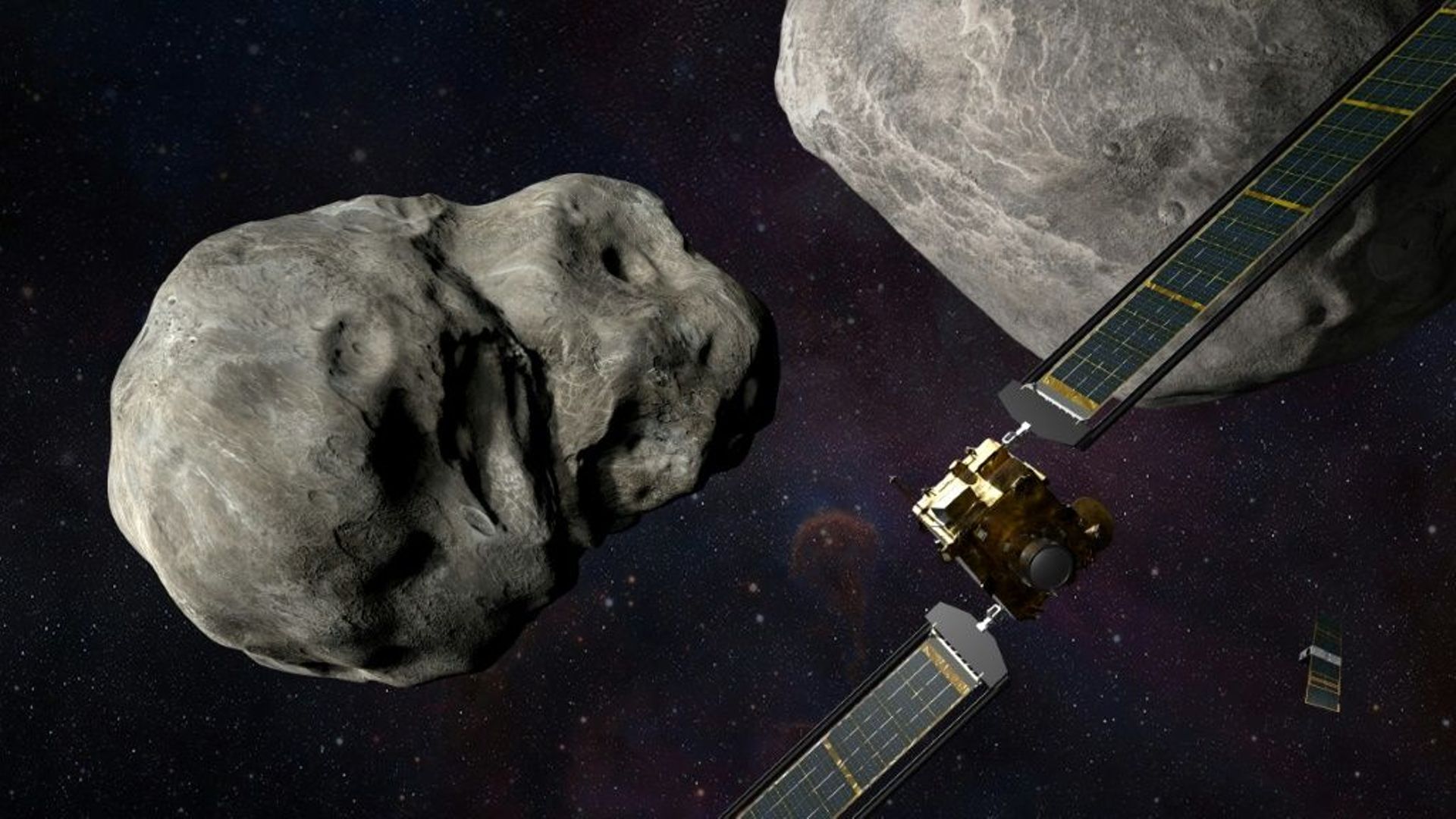 Illustration fournie le 4 novembre 2021 par la Nasa du vaisseau DART qui doit s’écraser sur l’astéroïde Dimorphos afin d’en dévier légèrement la trajectoire