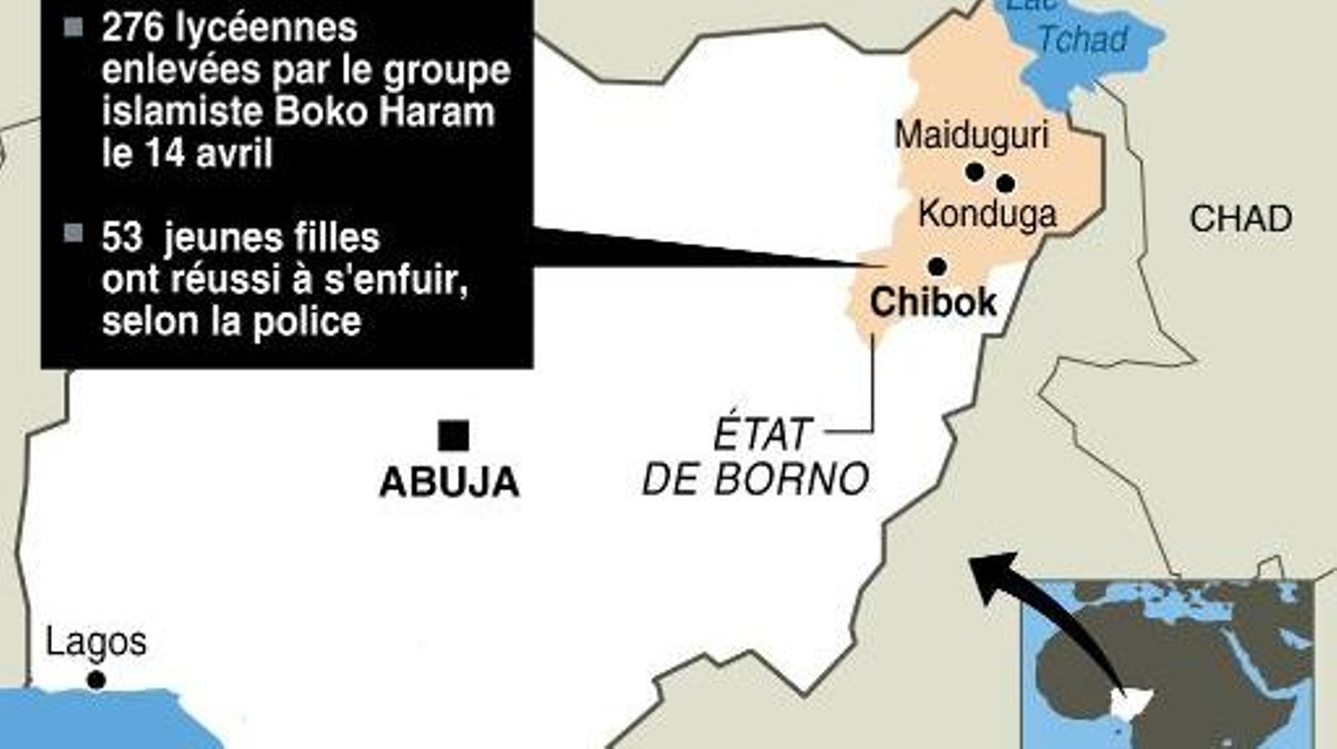 Carte de localisation de Chibok, au Nigeria, où 276 lycéennes ont été enlevées le 14 avril 2014 par les islamistes de Boko Haram