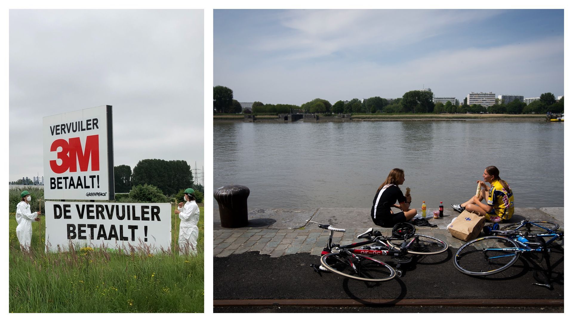 Pancarte "Le pollueur paie" devant l’usine 3M (juillet 2021), jeunes au bord de l’Escaut à Anvers (illustration)