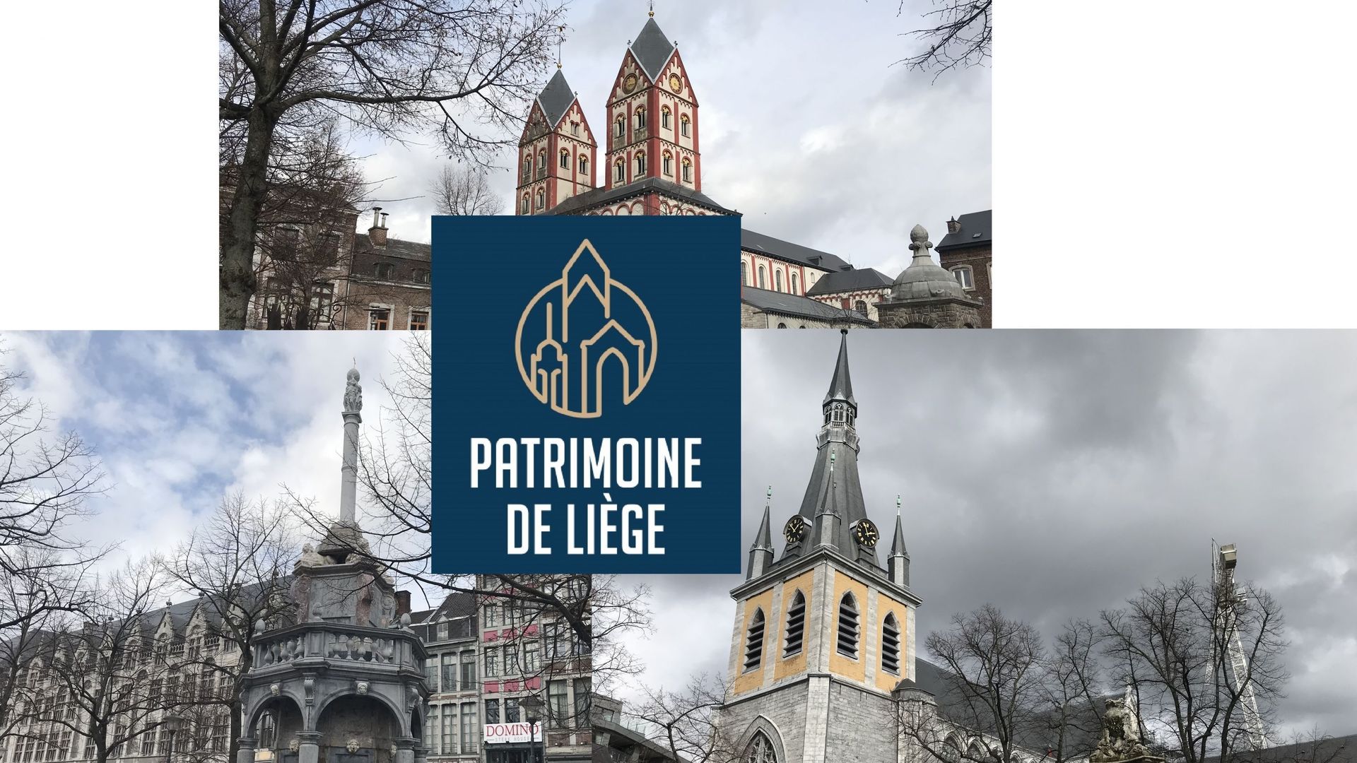 Le nouveau logo "patrimoine" de la Ville de Liège et les édifices qui y sont symbolisés (la collégiale Saint-Barthélemy, le Perron et la cathédrale Saint-Paul)
