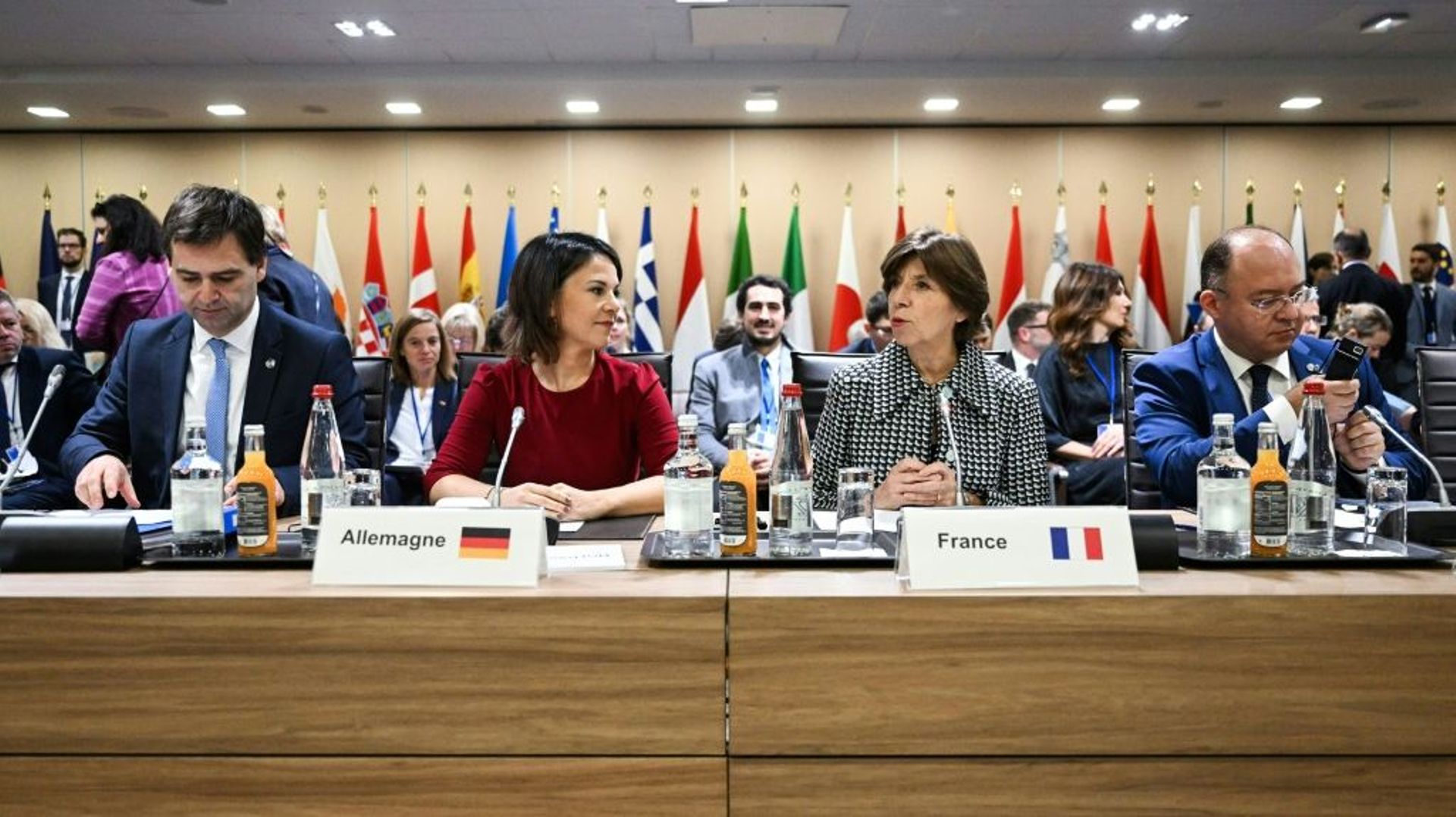 (De gauche à droite) Le ministre moldave des Affaires étrangères, Nicu Popescu, la ministre allemande des Affaires étrangères, Annalena Baerbock, la ministre française des Affaires étrangères et européennes, Catherine Colonna, et le ministre roumain des A