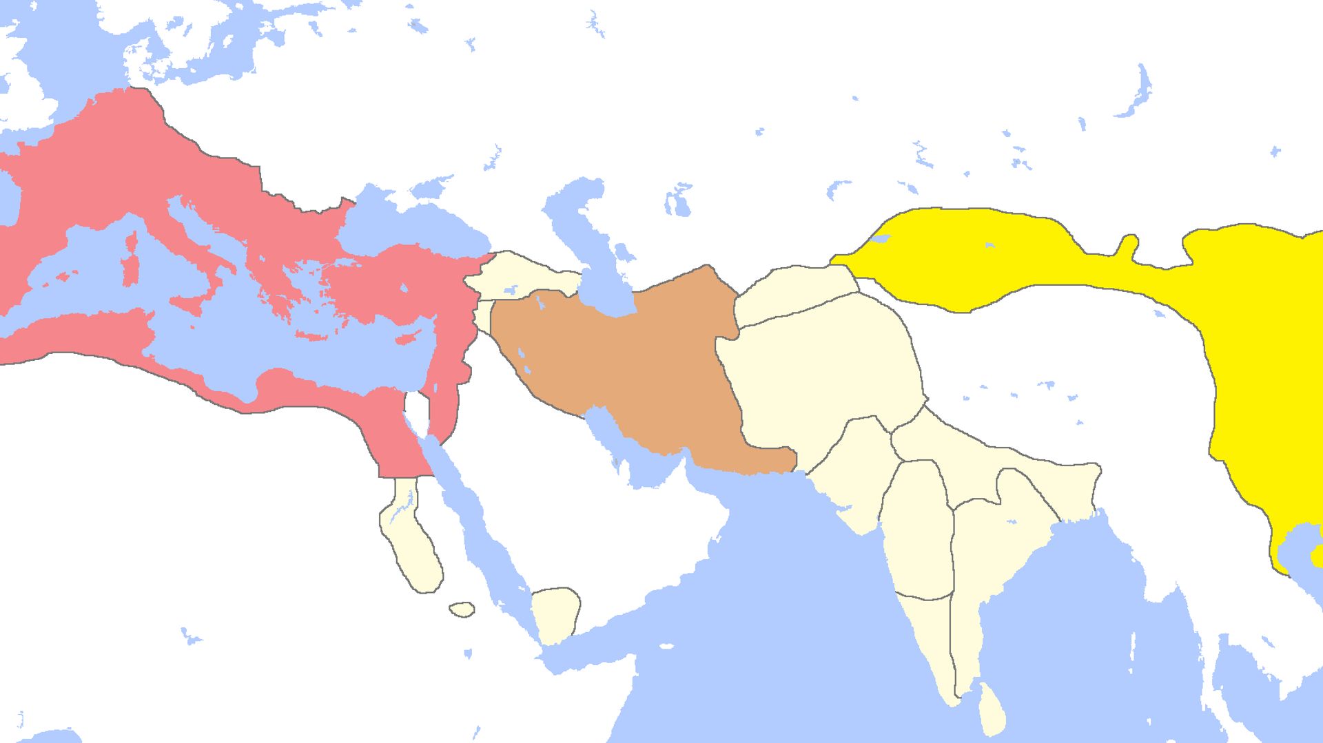 Carte de l’Eurasie en l’an un. En rouge l’empire romain, en brun l’empire parthe, en jaune l’empire des Han.