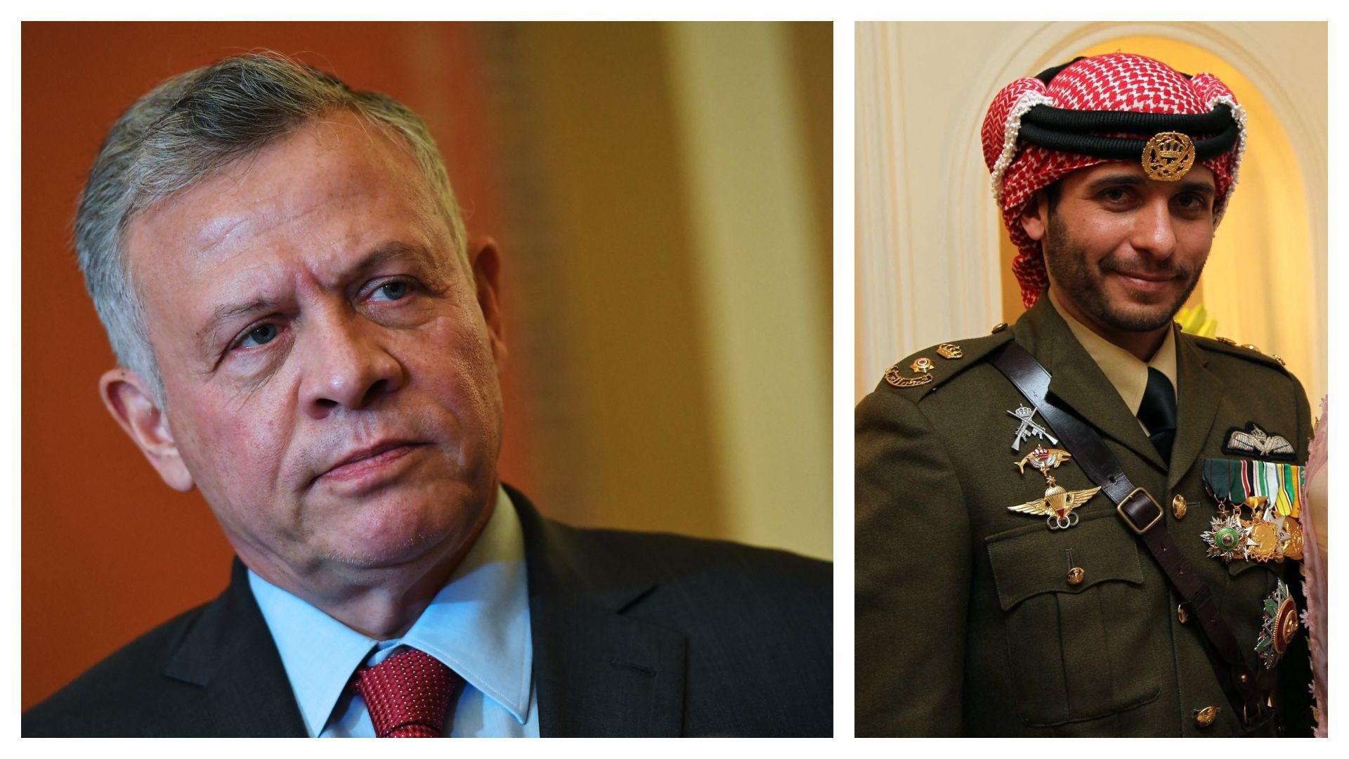 Le roi Abdallah II en 2019, et le prince Hamza en 2012