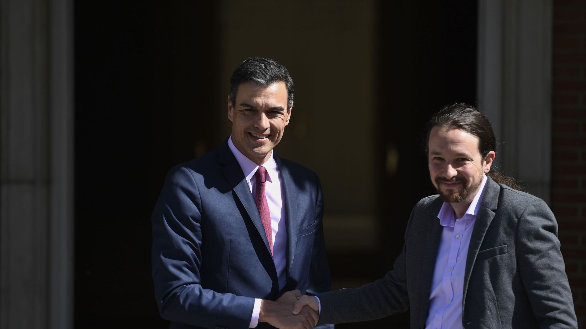 Pablo Iglesias rencontrant le premier ministre socialiste Pedro Sanchez, à Madrid, ce 07 mai 2019