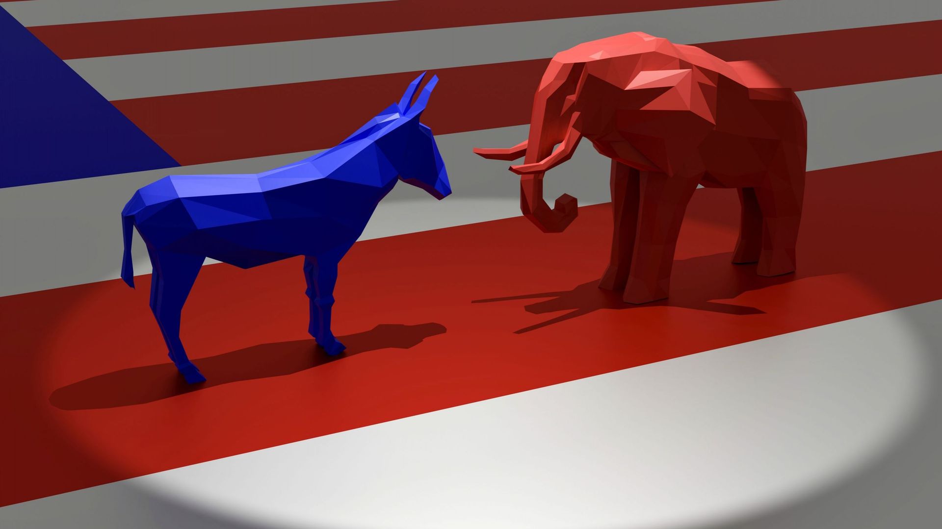 Democratic Blue Donkey and Republican Red Elephant in Spotlight on Top of American Flag