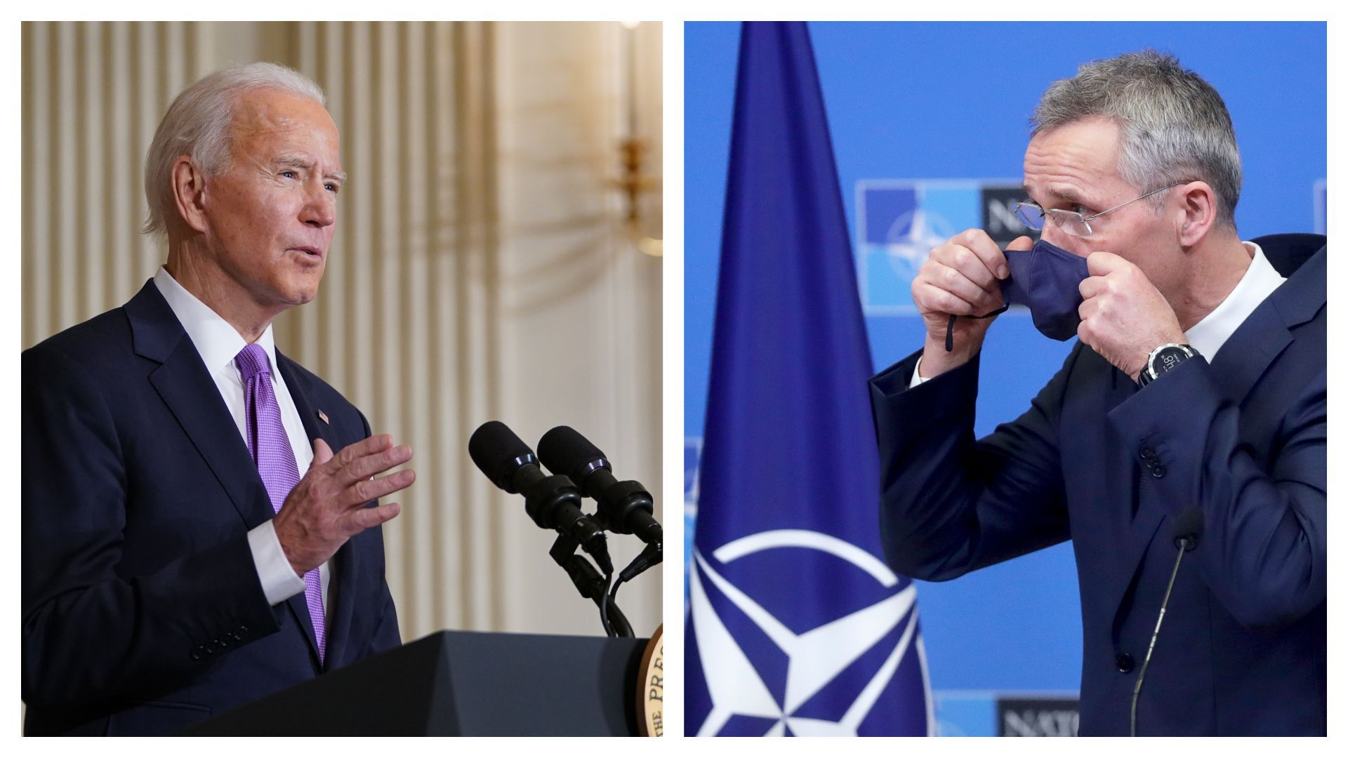 Joe Biden le 26 janvier et Jan Stoltenberg, le patron de l'OTAN, le 14 janvier (montage d'illustration) 