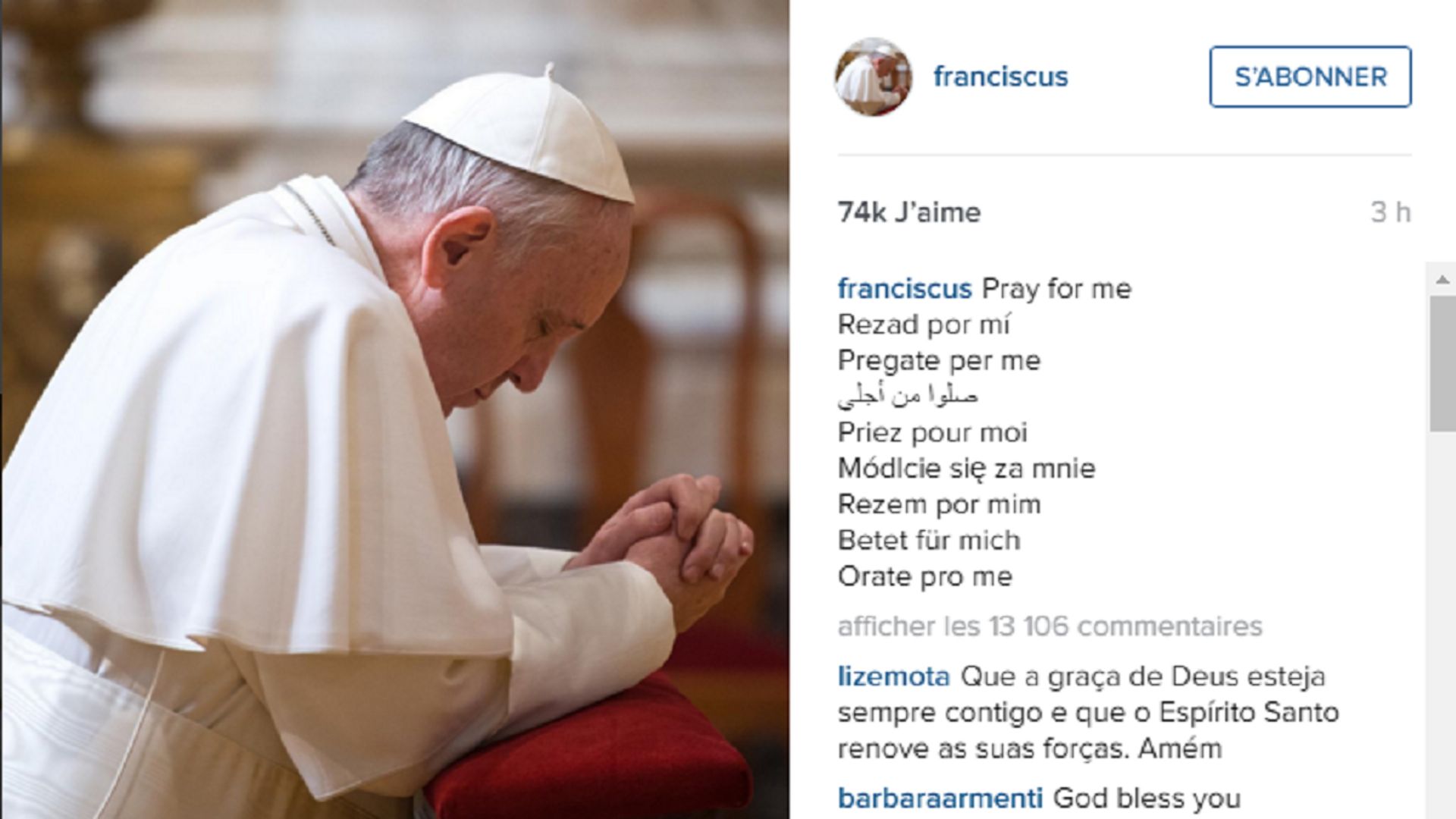 Le pape François poste sa première photo sur Instagram