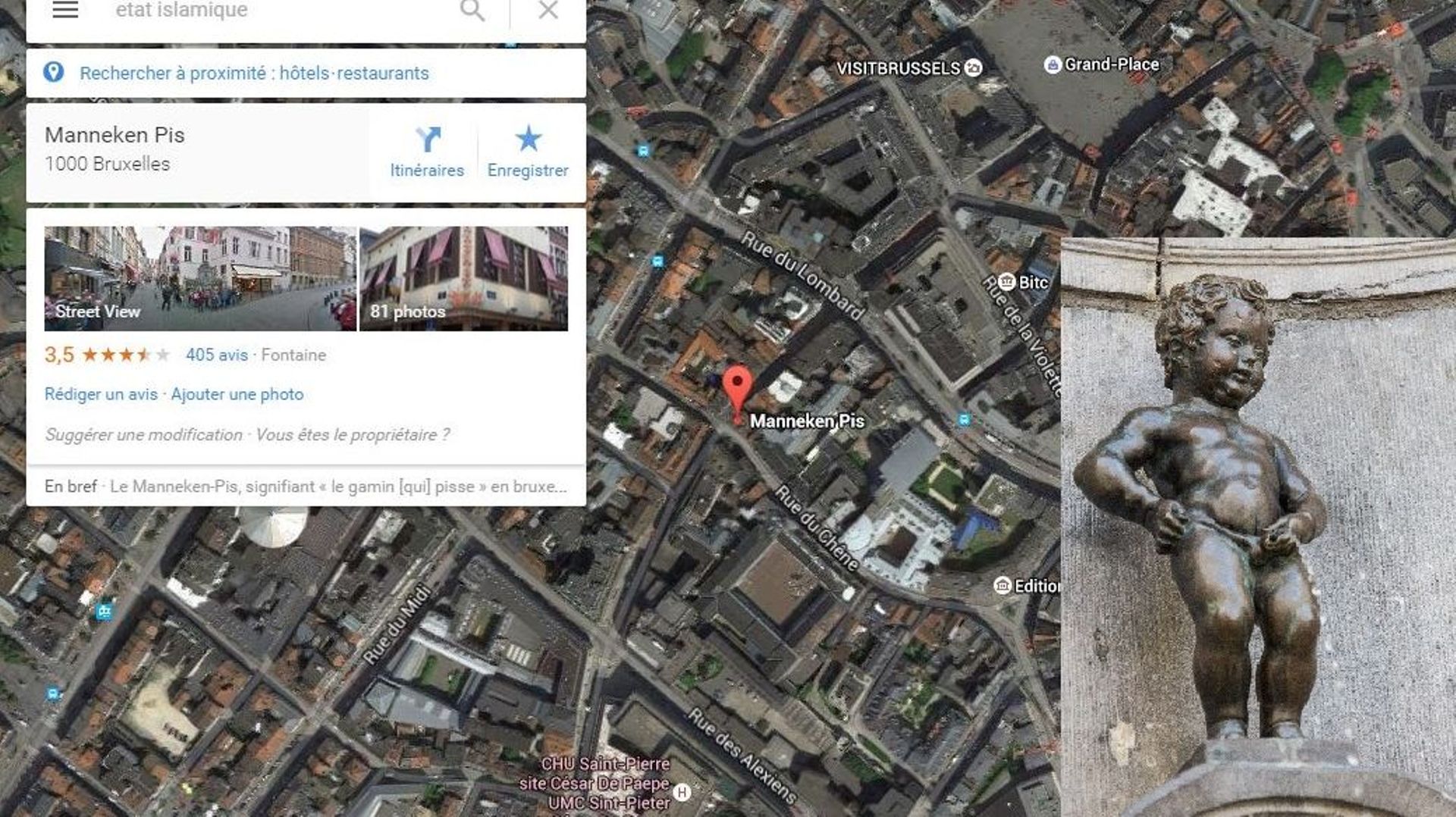 Manneken Pis lié à l'Etat islamique sur Google Maps