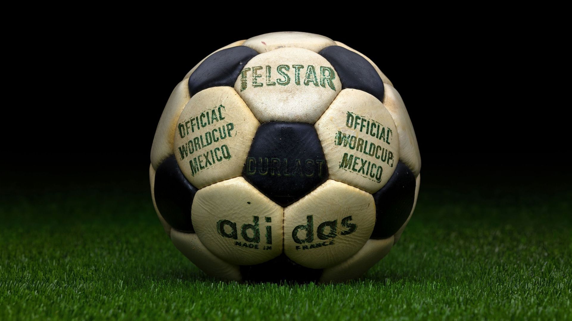 The adidas Telstar Durlast, the official match ball of the 1970 FIFA World Cup in Mexico. The official match ball had 32 black and white panels with Durlast waterproof coating and was the first adidas World Cup ball.