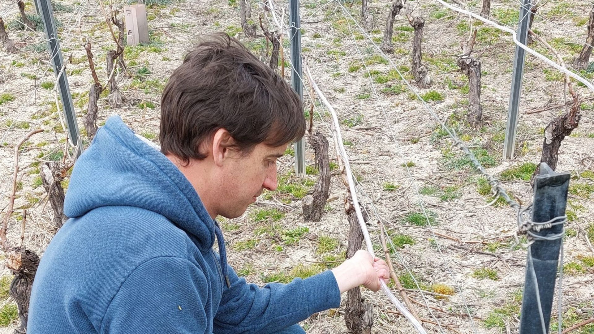 John Leroy en train de tester le nouveau matériel pour protéger les vignes du froid attendu.