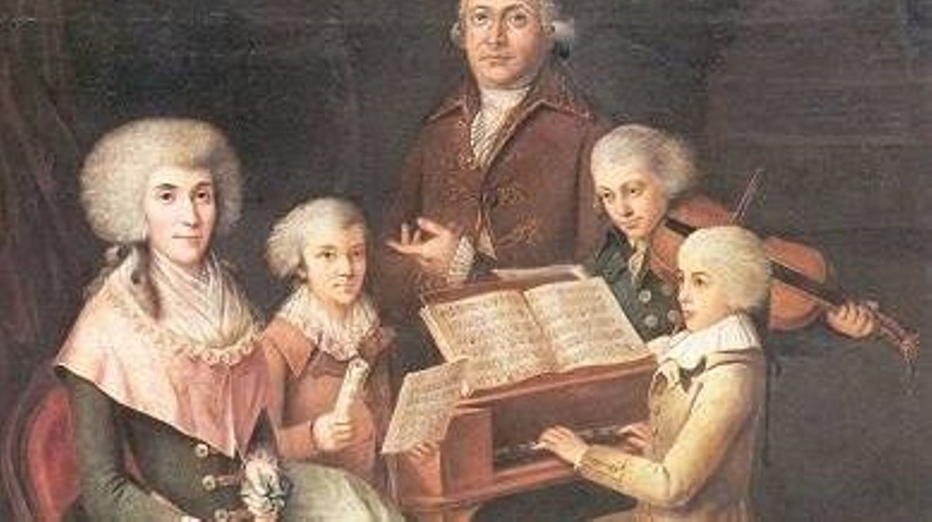 Mozart, au clavier, en 1770, avec le violoniste Thomas Linley, autre enfant prodige, détail d'une toile anonyme du 18e siècle
