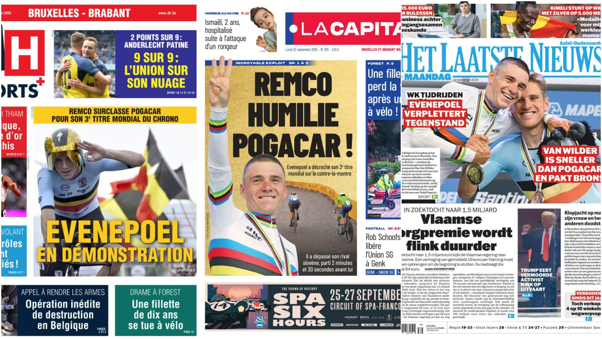 "Pacman", "un gorille qui écrase des puces" : la presse belge fait l’éloge du "triple roi du chrono" Remco Evenepoel