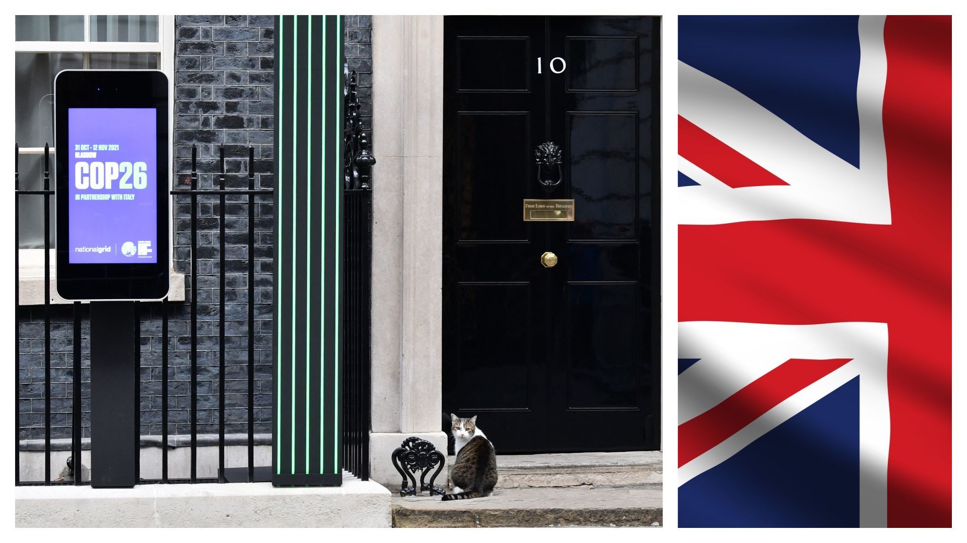 Le chat du 10 Downing Street lors de la COP6 à Glasgow et Union Jack (illustration)