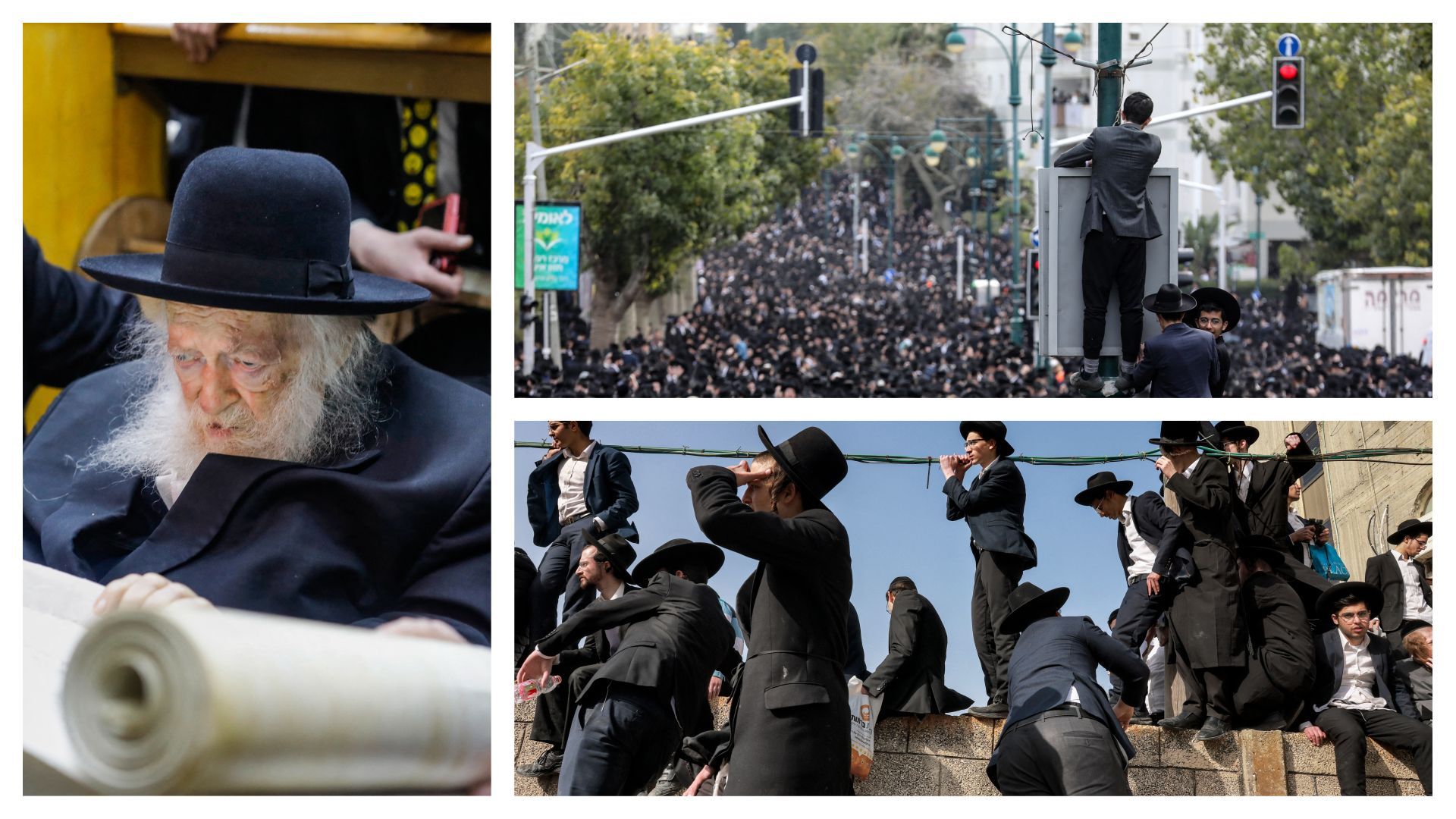 Vue du Rabbin en mars 2019, et membres des forces de sécurité et des Juifs ultra-orthodoxes entourant le corbillard transportant la dépouille du rabbin Chaim Kanievsky, lors de ses funérailles dans la ville israélienne de Bnei Brak, près de Tel Aviv, le 2