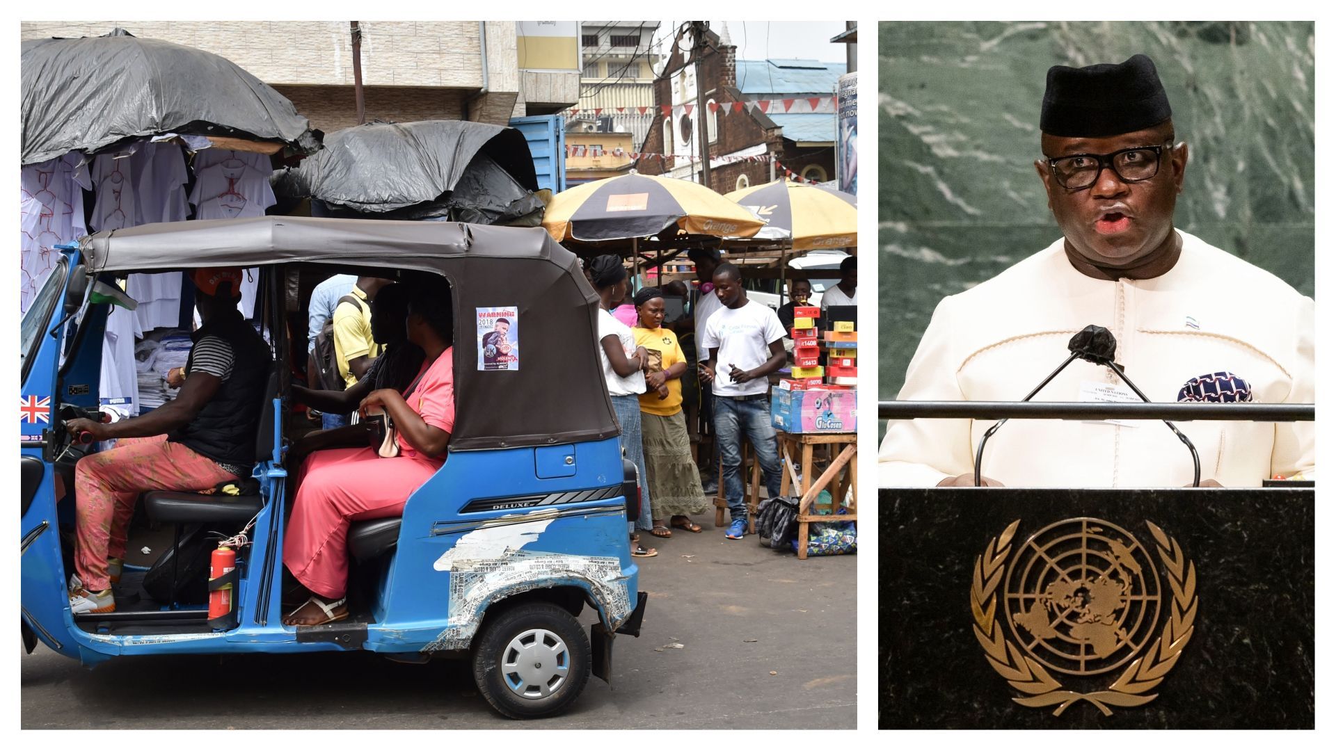 Vue de Freetown, la capitale, en 2018 et le président de la Sierra Leone à l'ONU