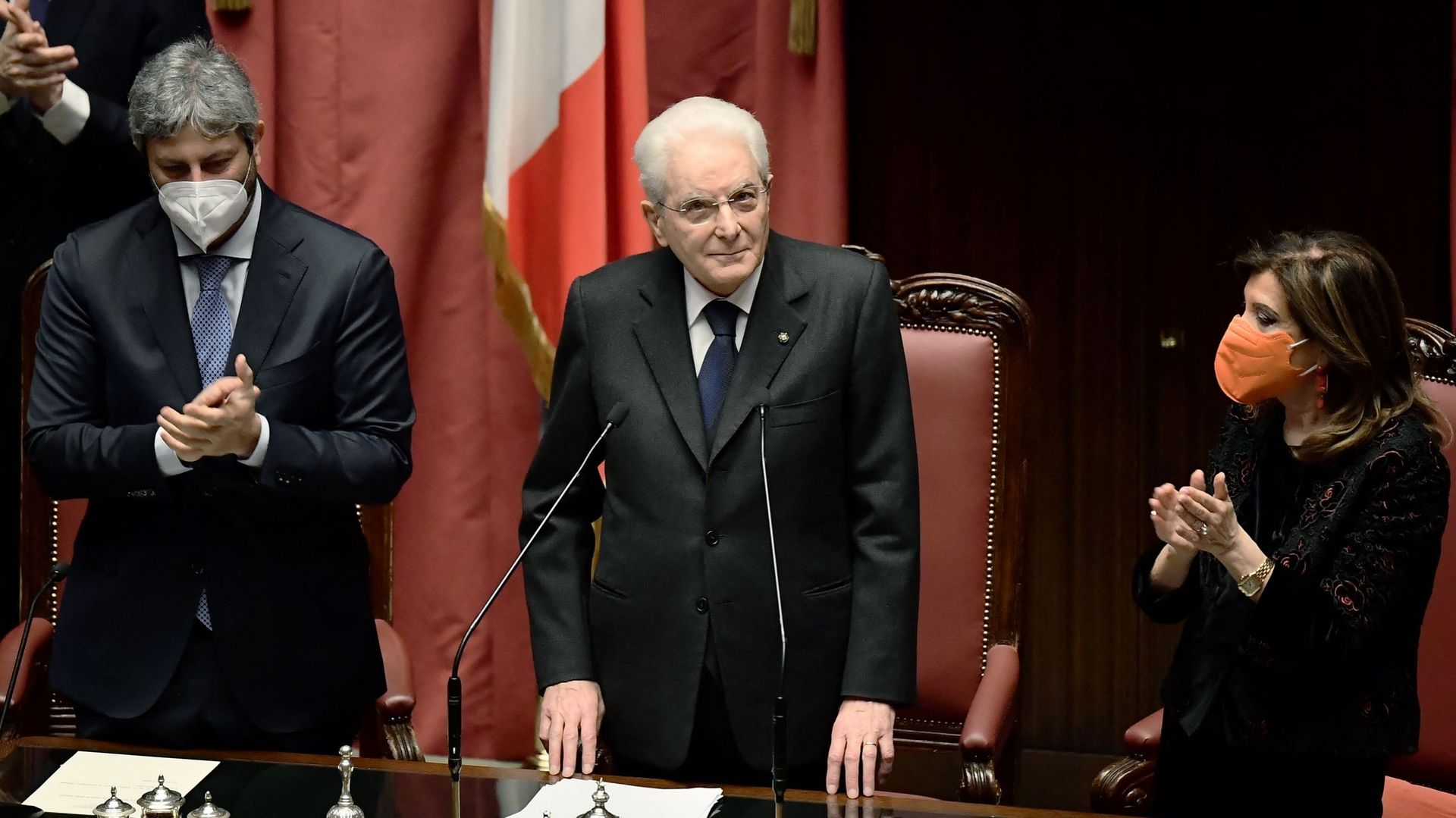 Cérémonie de prestation de serment du 13e président italien réélu, Sergio Mattarella, au Parlement, au palais Montecitorio de Rome, le 3 janvier 2022.