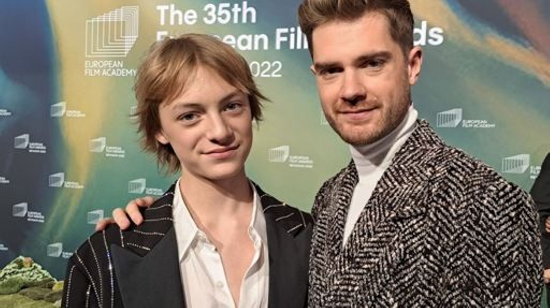 actor Eden Dambrine and director Lukas Dhont of the film Close pictured at the red carpet of the European Film Awards in Reykjavik, Iceland, on Saturday 10 December 2022. BELGA PHOTO AURELIE MOERMAN