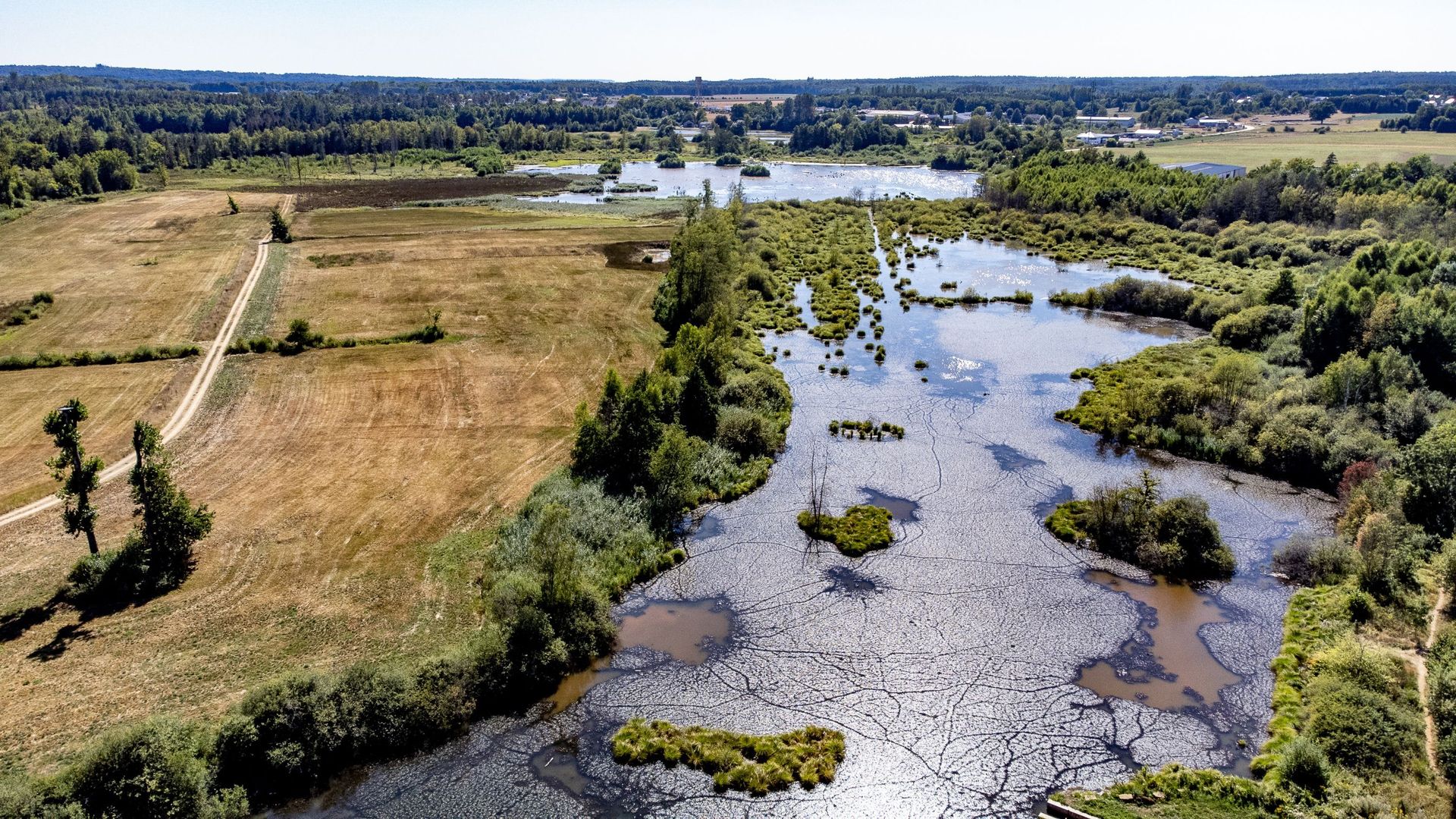 Photo aérienne de l’étang de l’Ilé à Virton, en province de Luxembourg, affecté par la sécheresse (photo prise le 12 août 2022).