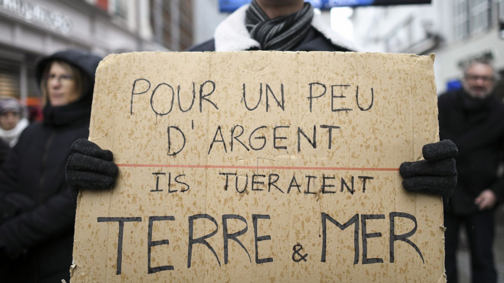 Un homme tien une pancarte où il est écrit "Pour un peu d'argent, ils tueraient terre et mer" lors d'une marche pour le climat en France.