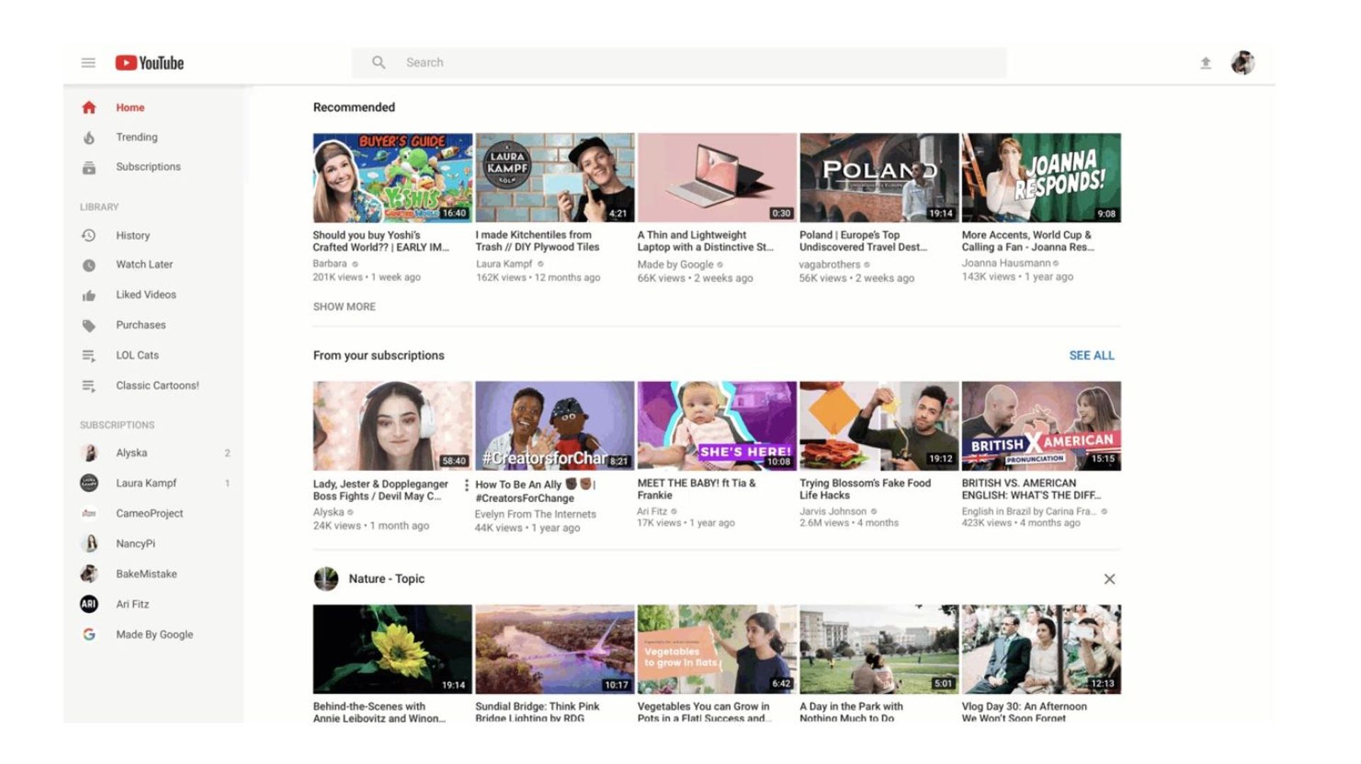 La page d'accueil de YouTube évolue
