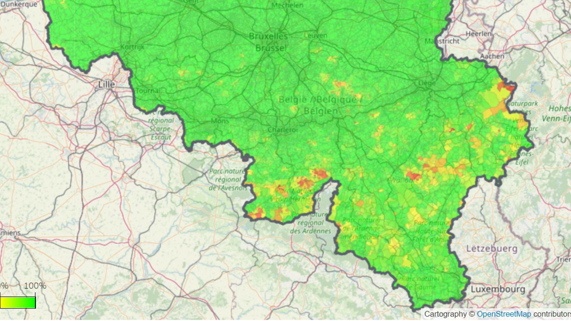 Cartographie du taux (%) de la couverture réseau 4G Proximus sur le territoire – Qualité bonne