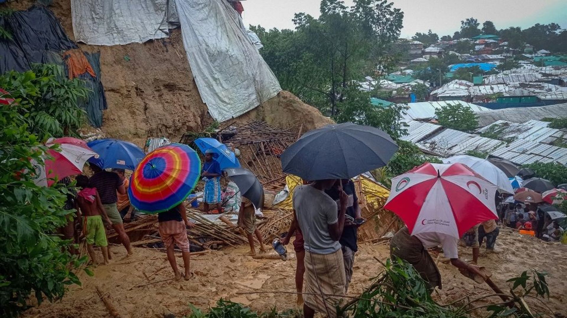 Le camp de réfugiés rohingyas Balukhali au Bangladesh, endommagé par la mousson, le 27 juillet 2021