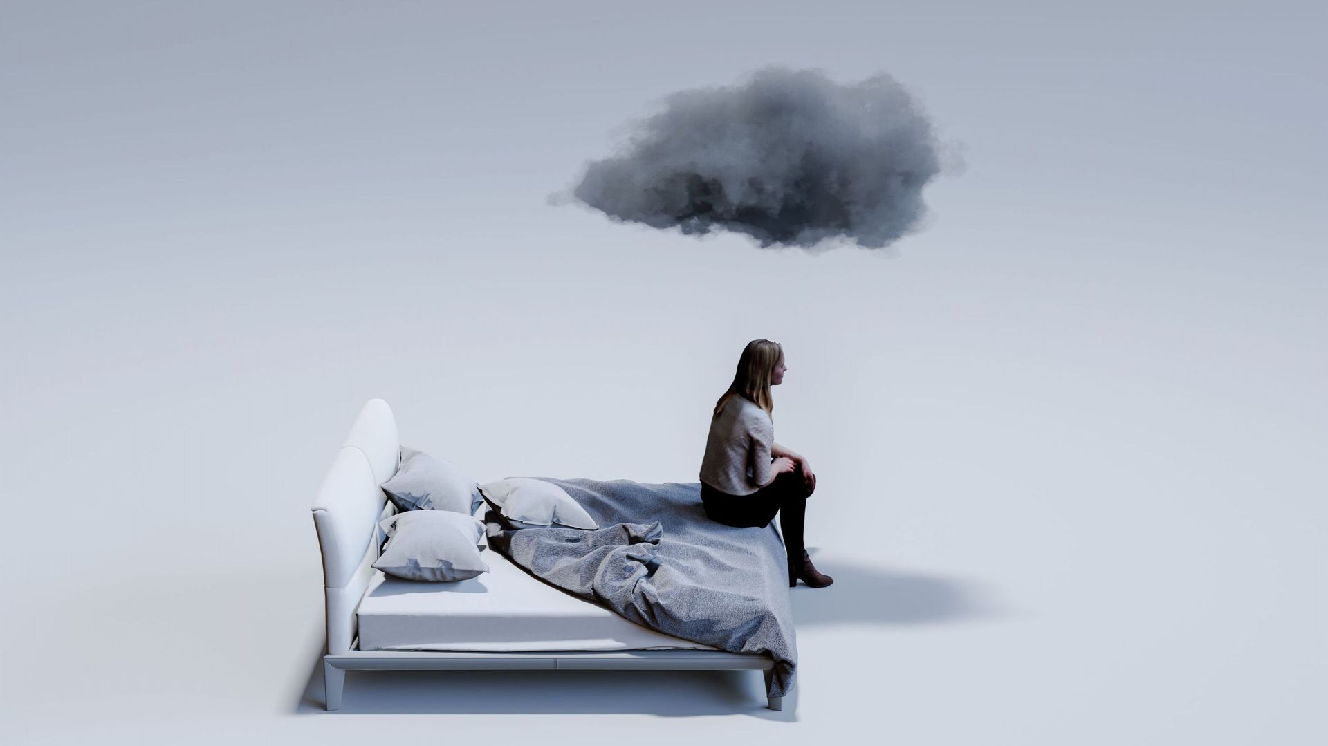 Sad mid adult woman sitting on corner of double bed with dark cloud above head.